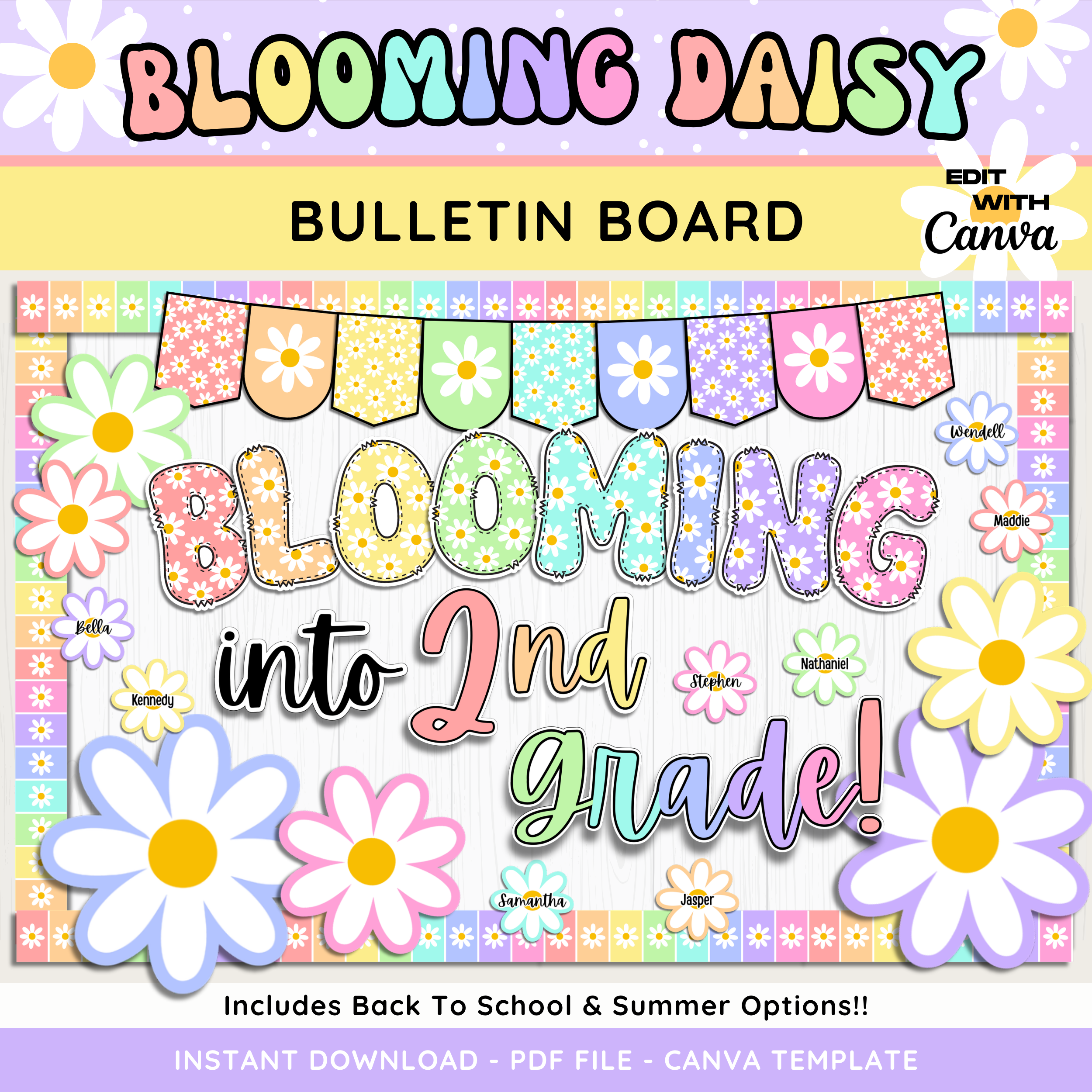 Blooming Daisy Pastel Summer Bulletin Board, Back To School Display Kit, Printable PDF, Canva Template