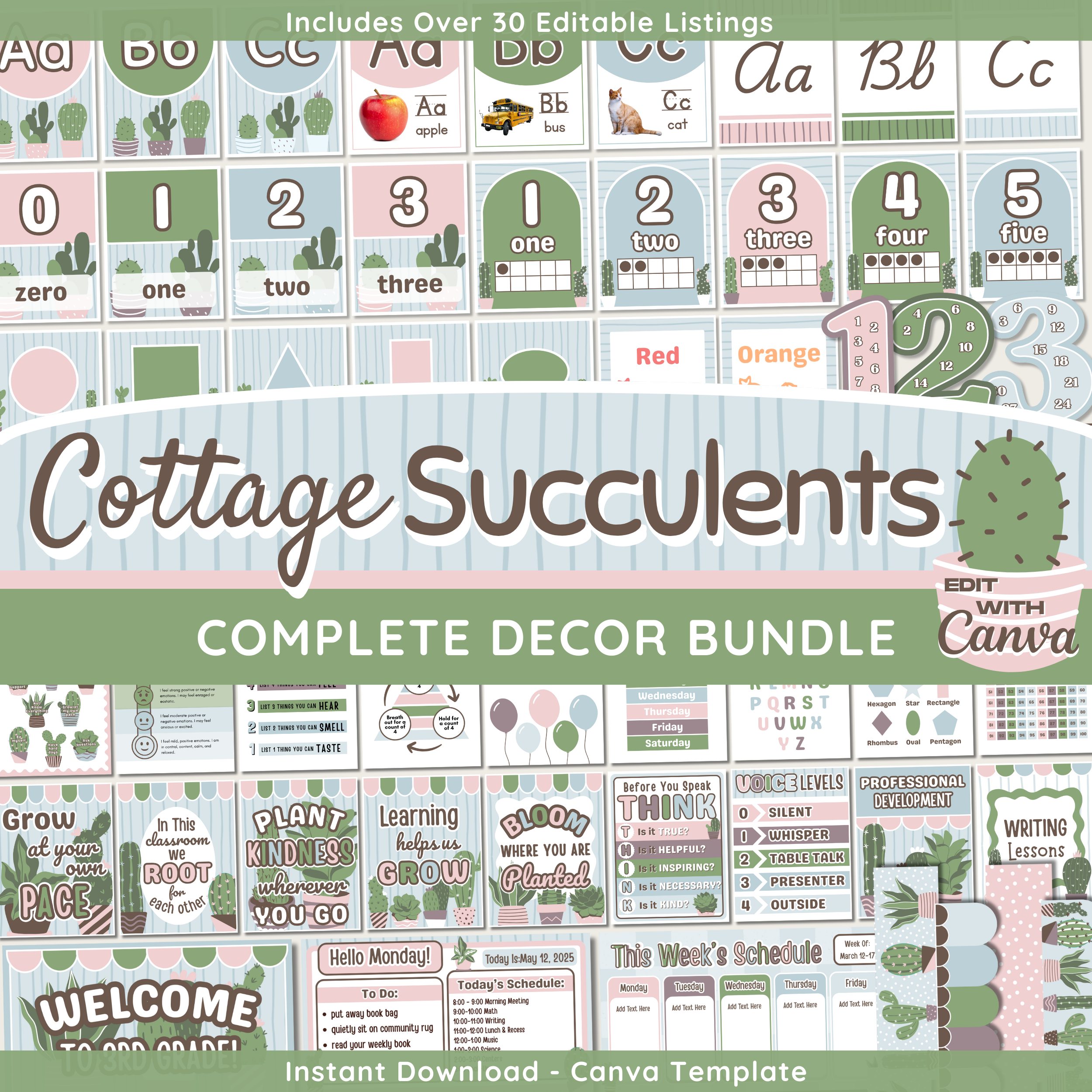 Cottage Succulents Classroom Decor Bundle: Calm Cactus Teacher Decor Theme, Editable Canva Template, Printable Digital Download