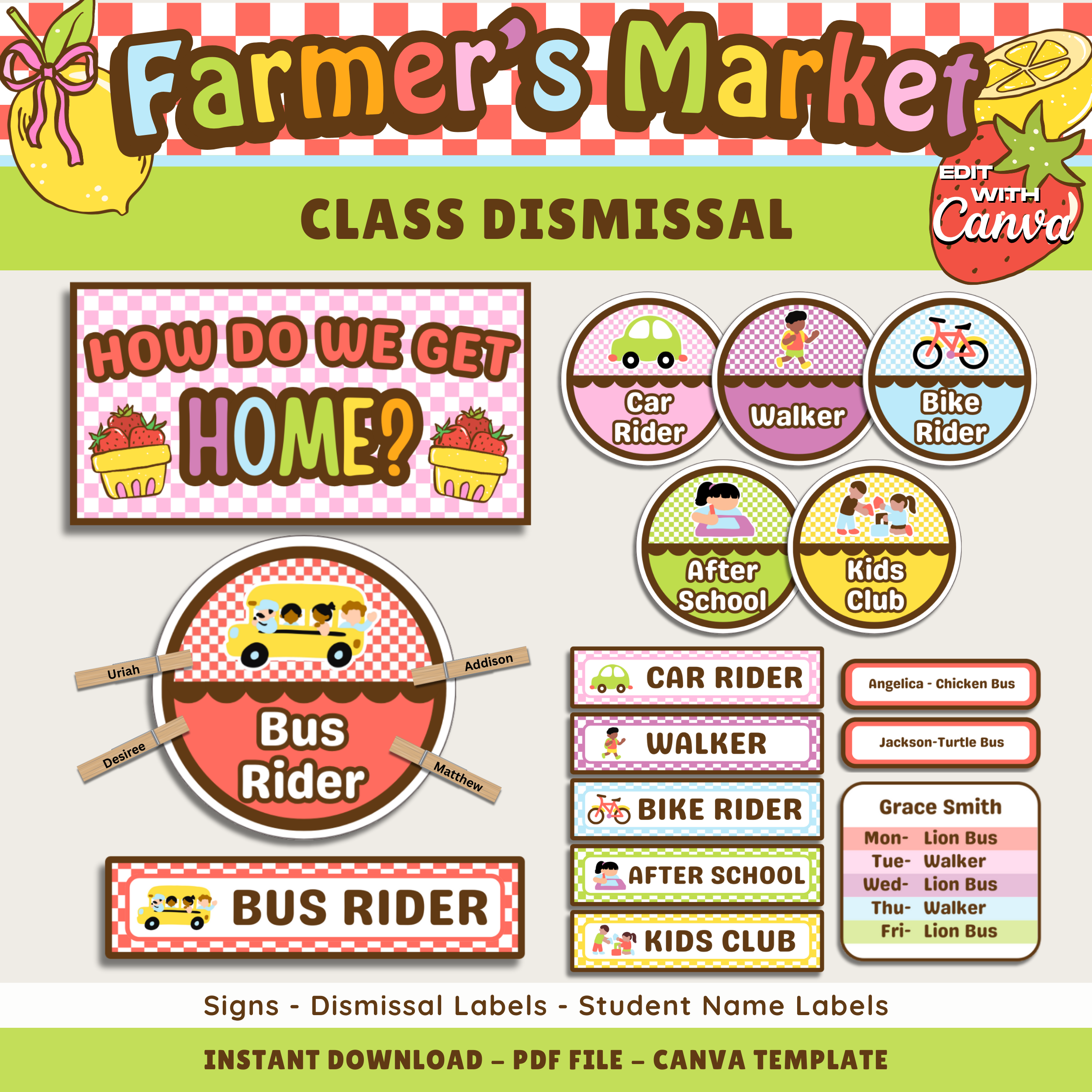 Classroom School Dismissal Printable Display: Farmer's Market Decor Theme, Editable Template (Digital Download)