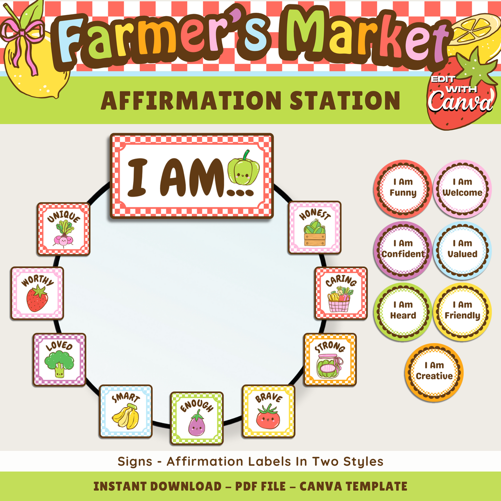 Affirmation Station: Kids Inspirational Labels, Farmer's Market Classroom Decor Theme, Editable Template (Digital Download)