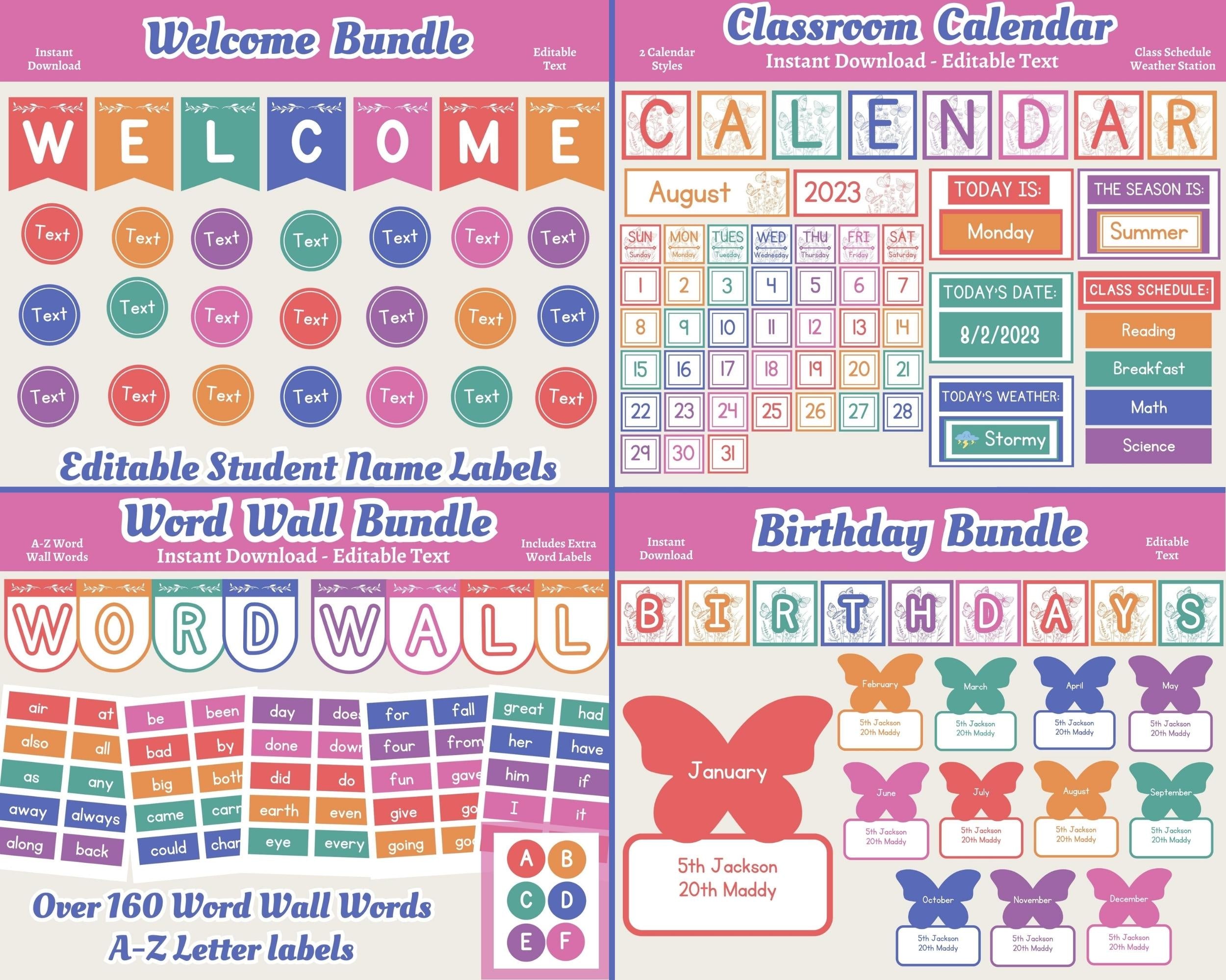 Rainbow Wildflower Classroom Decor Bundle: Editable Canva Templates (Digital Download), Floral Butterfly Teacher Room Theme
