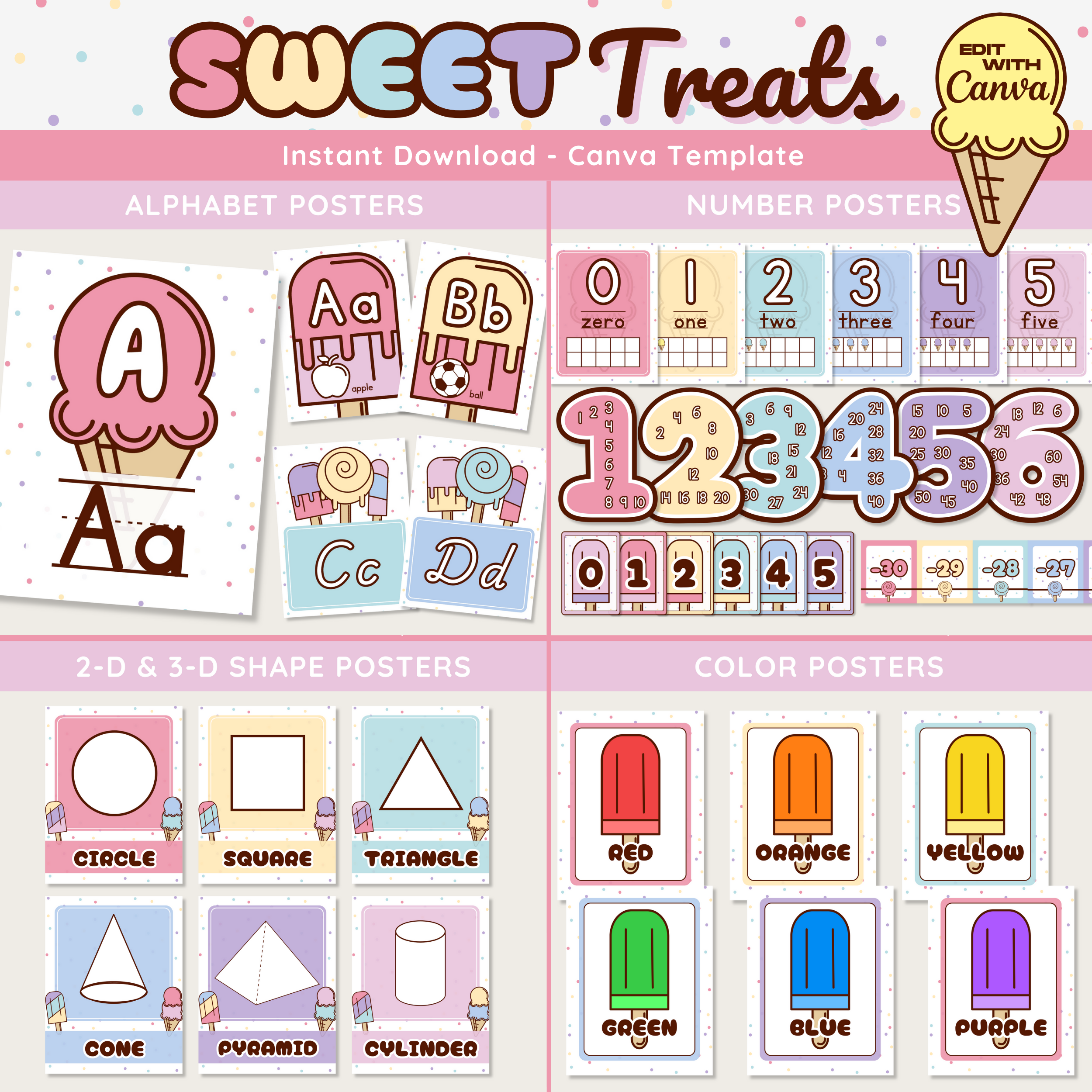 Sweet Treats Classroom Decor Bundle, Ice Cream Theme Teacher Decorations, Pastel Classroom Posters & Decor, Bulletin Board Display Kits