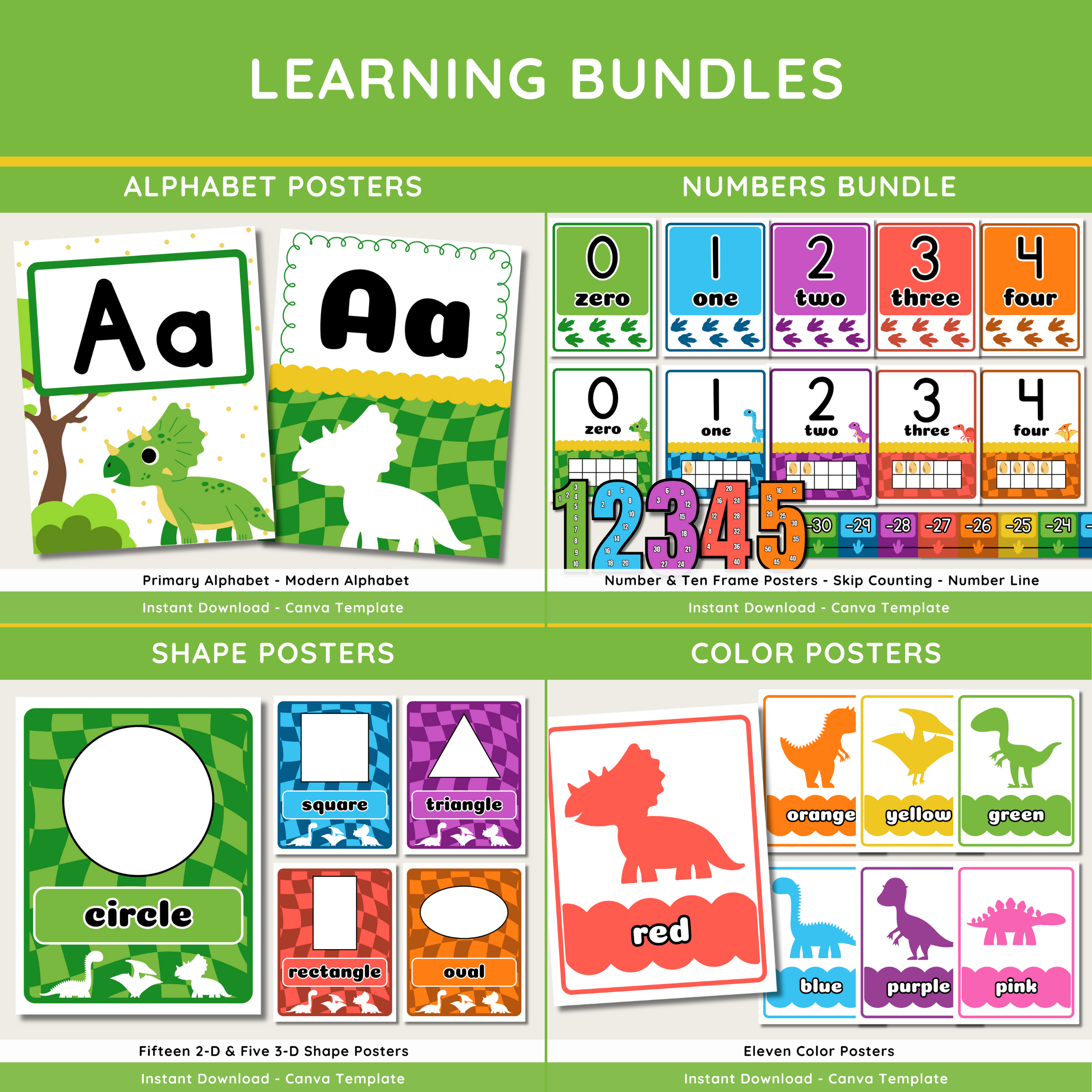 Dinosaur Classroom Decor Set: Editable Teacher Organization (Canva Template Digital Download), Bright Bold Dino Theme