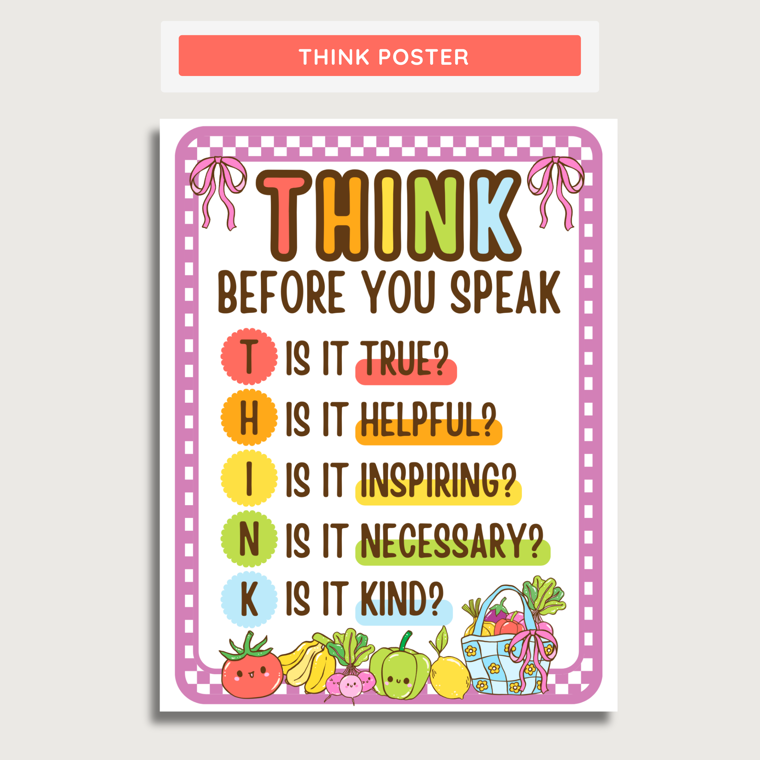 Think Before You Speak Classroom Posters: Farmer's Market Decor Theme, Editable Canva Template (Digital Download)