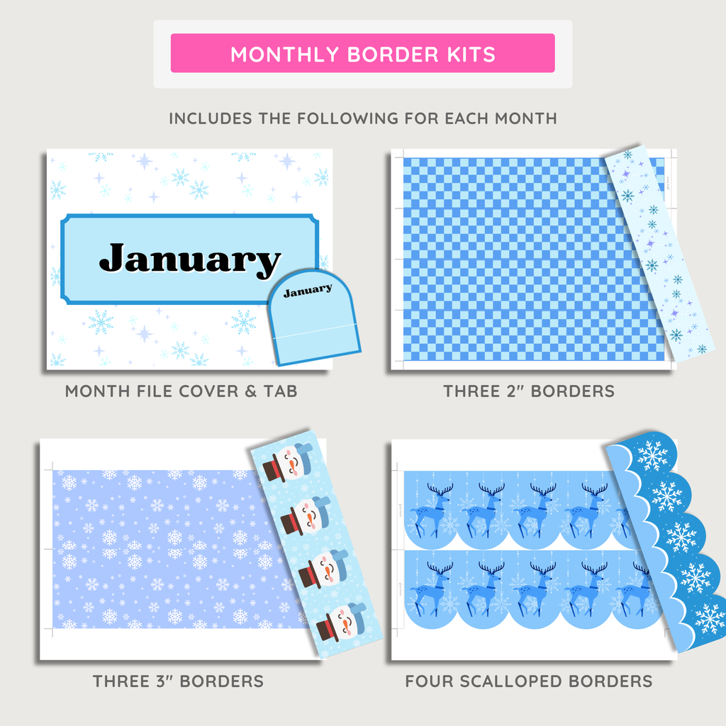 Monthly & Holiday Bulletin Borders: Seasonal Displays, Printable PDF Classroom Decor, Complete School Year Bulletin Borders