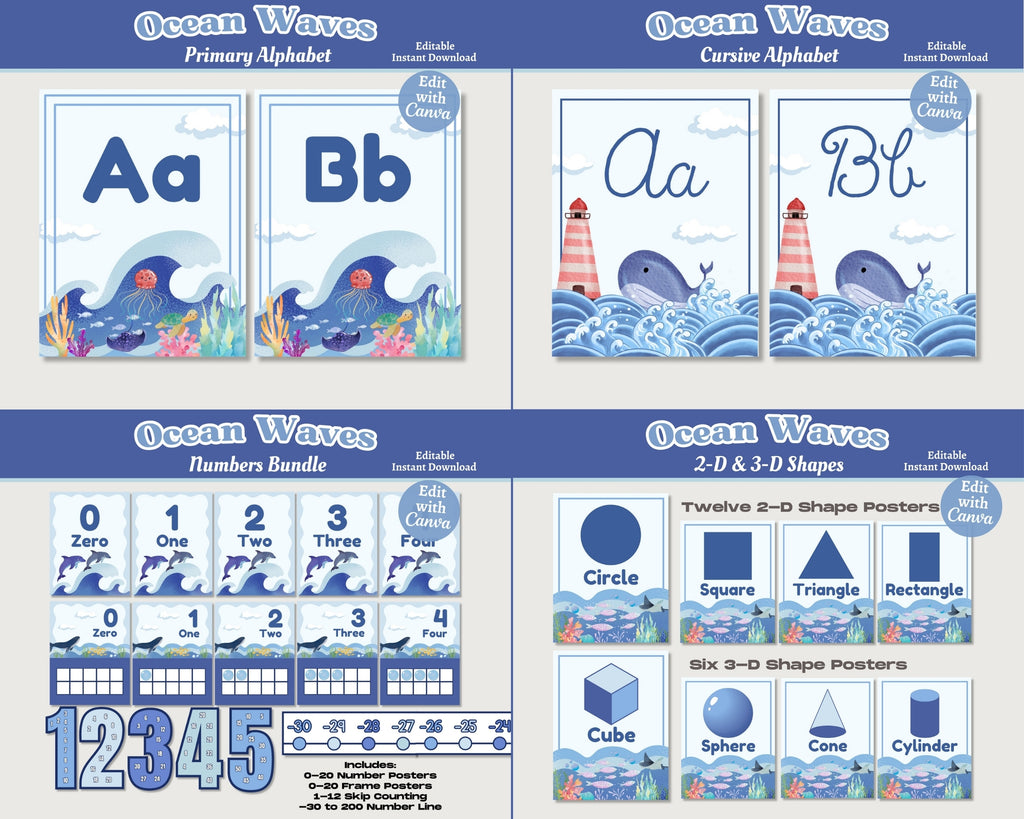 Ocean Theme Classroom Decor Bundle: Editable & Printable Educational Materials (Canva Template, Instant Download)