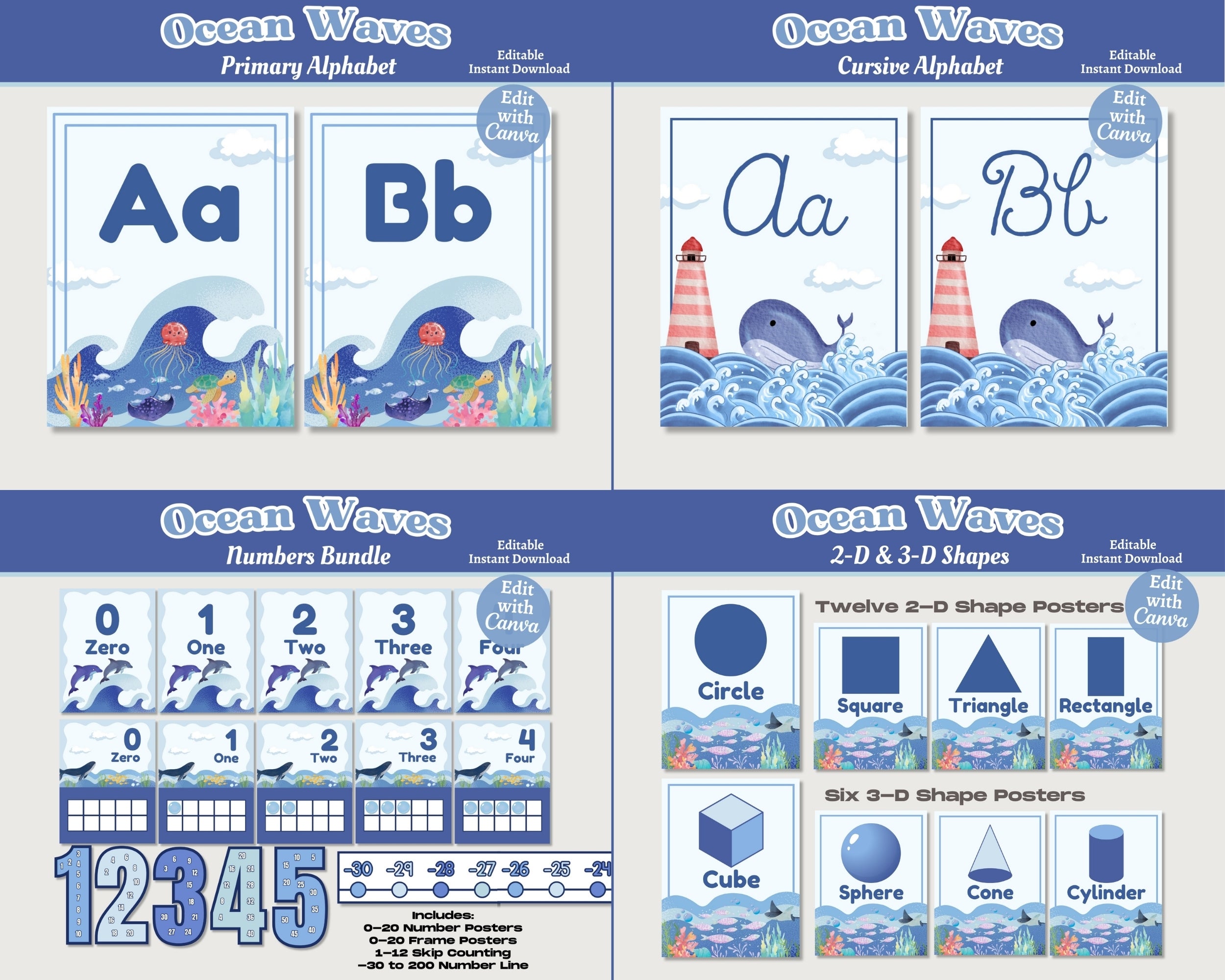 Ocean Theme Classroom Decor Bundle: Editable & Printable Educational Materials (Canva Template, Instant Download)