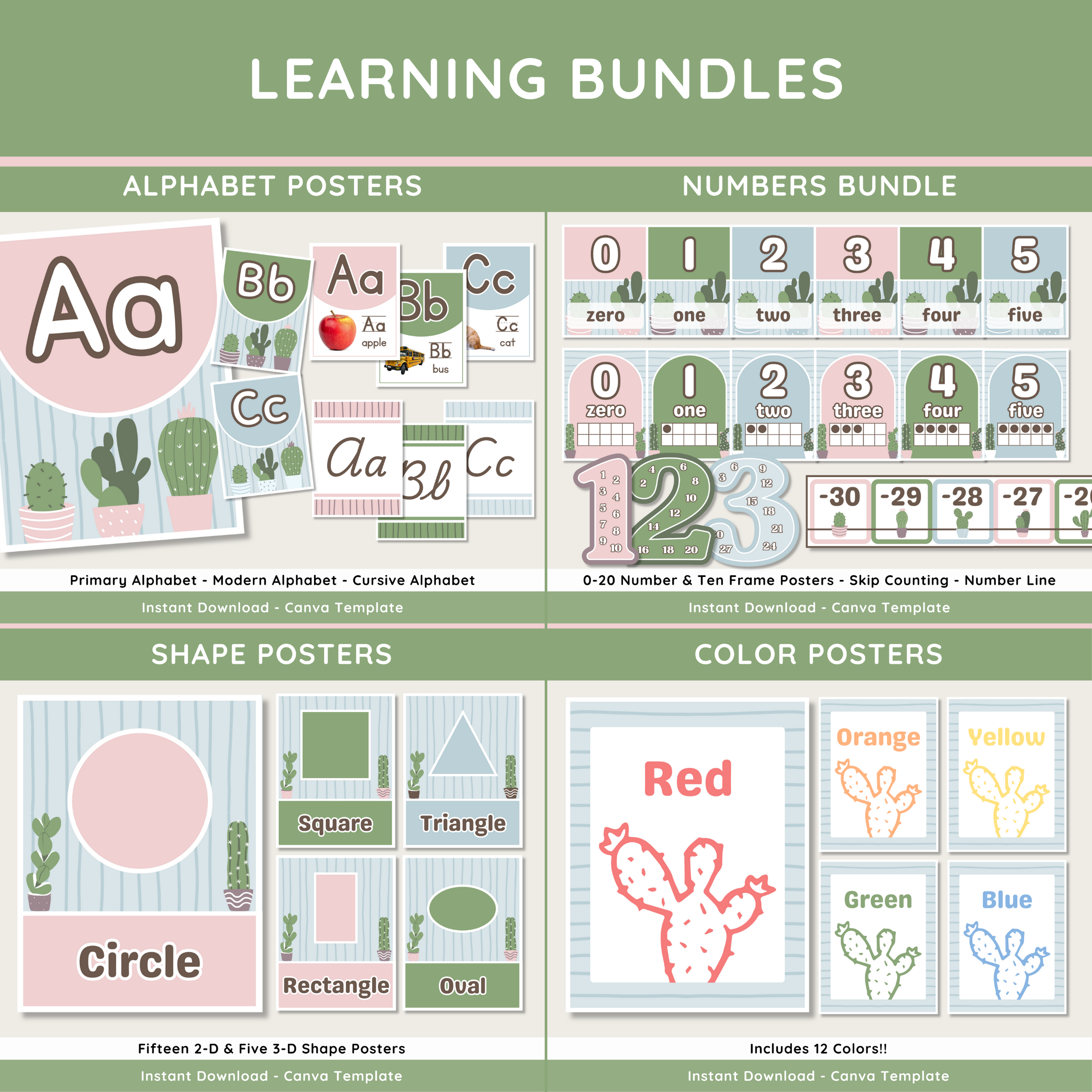 Cottage Succulents Classroom Decor Bundle: Calm Cactus Teacher Decor Theme, Editable Canva Template, Printable Digital Download