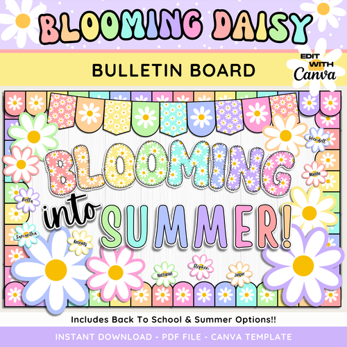 Blooming Daisy Pastel Summer Bulletin Board, Back To School Display Kit, Printable PDF, Canva Template