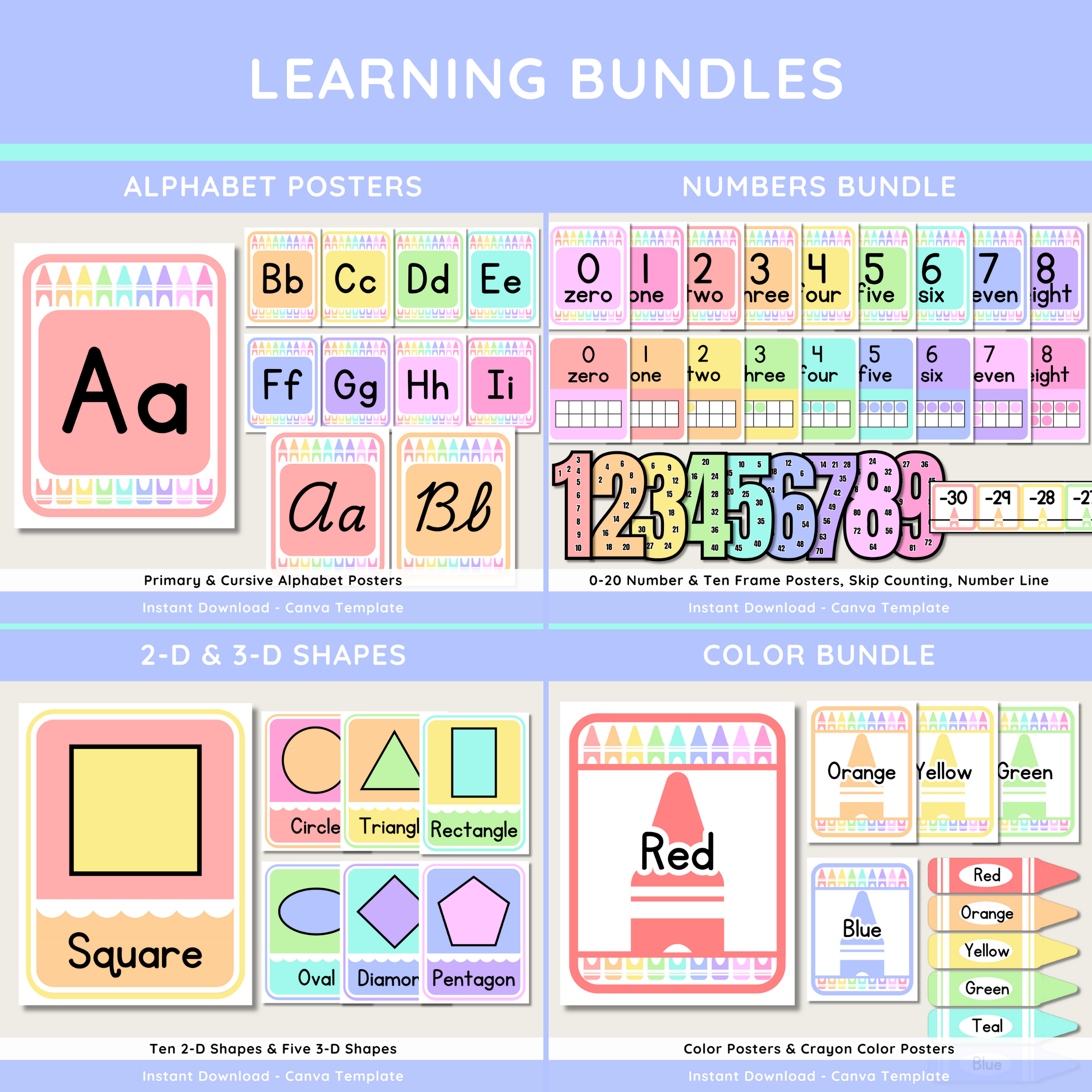 Pastel Rainbow Crayon Classroom Decor Kit: Editable Teacher Theme (Canva Template Digital Download), Printable Teacher Decor