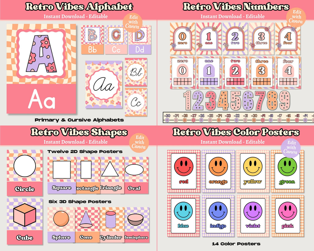 Retro Vibes Classroom Decor Bundle: Editable Teacher Templates (Canva), Pink Purple Orange Classroom Theme