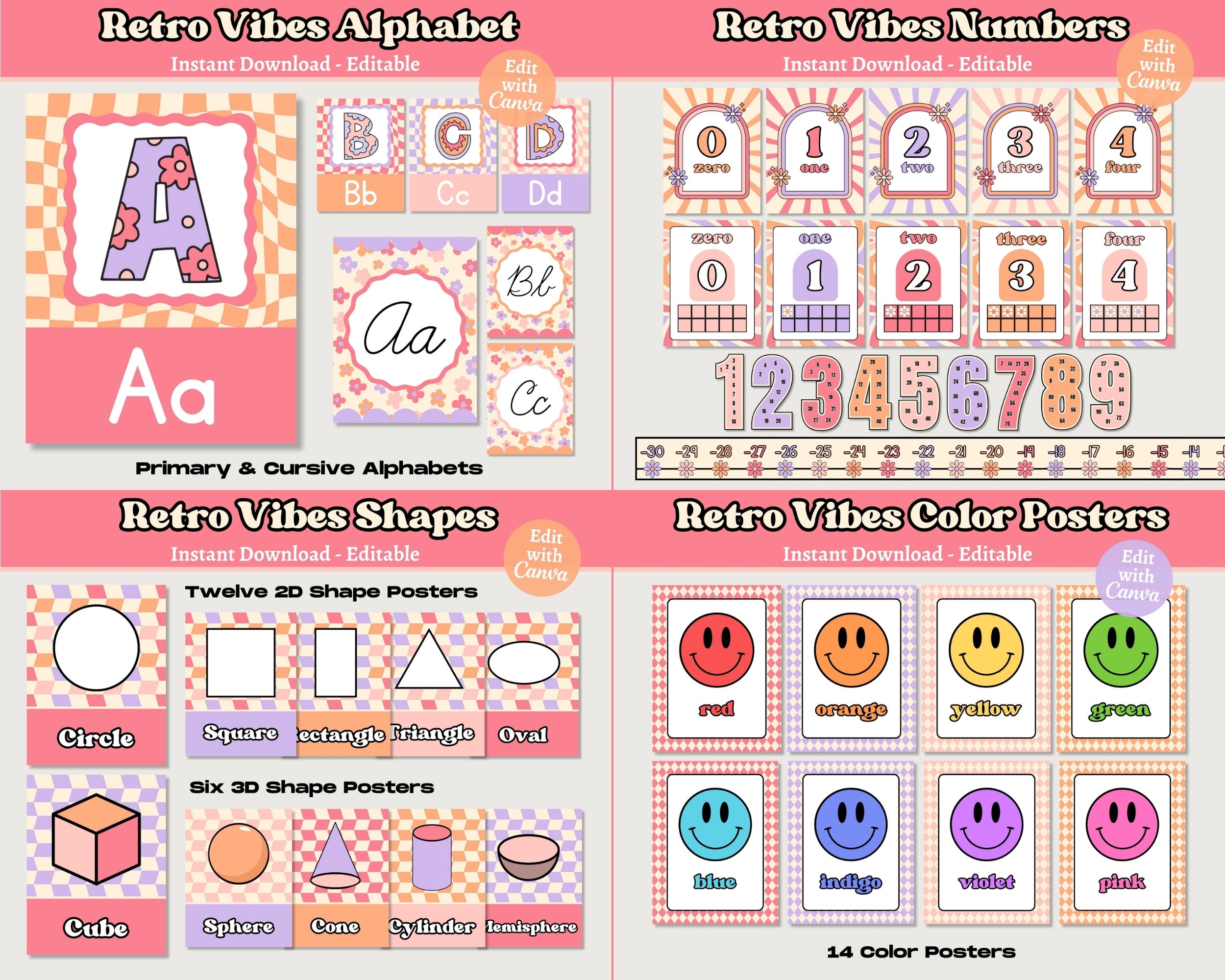 Retro Vibes Classroom Decor Bundle: Editable Teacher Templates (Canva), Pink Purple Orange Classroom Theme