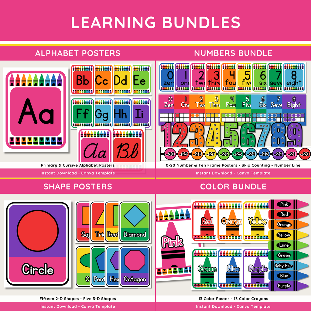 Rainbow Crayon Classroom Decor Bundle: Editable Teacher Templates (Canva, Instant Download), Bright Crayon Theme