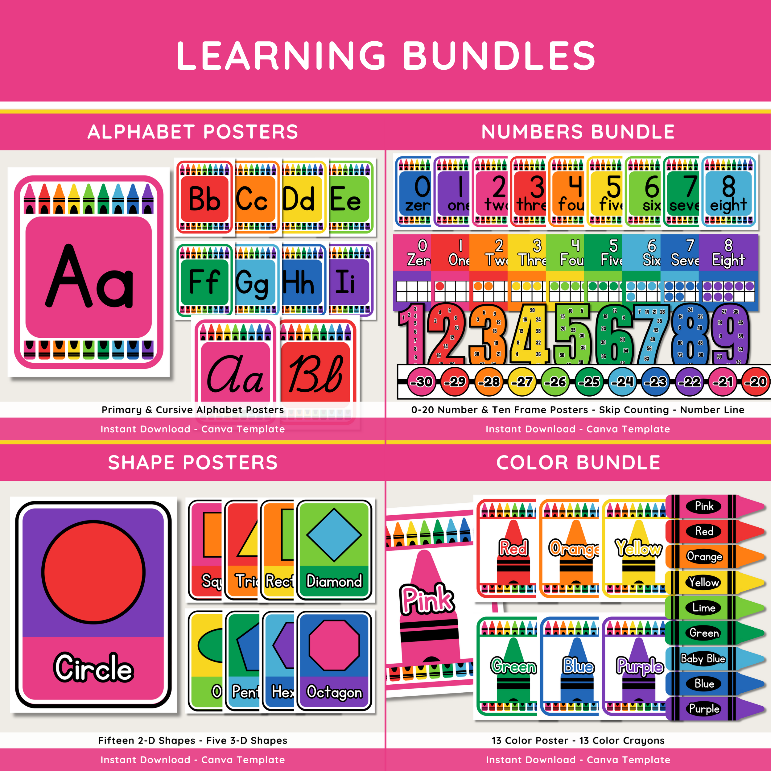Rainbow Crayon Classroom Decor Bundle: Editable Teacher Templates (Canva, Instant Download), Bright Crayon Theme