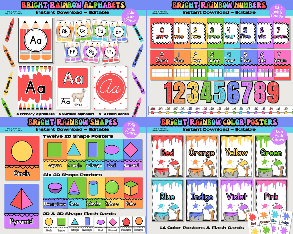 Bright Rainbow Classroom Decor Bundle: Editable Teacher Printables, School Supplies Decor Theme, Printable School Decorations, Canva Template