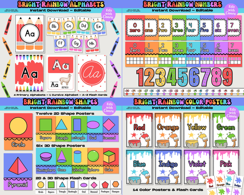 Bright Rainbow Classroom Decor Bundle: Editable Teacher Printables, School Supplies Decor Theme, Printable School Decorations, Canva Template