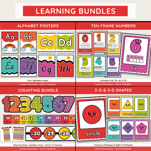 Bold Happy Rainbow Classroom Decor Bundle: Editable Printable Posters (Canva Template Digital Download), Happy Brights Teacher Decor Theme