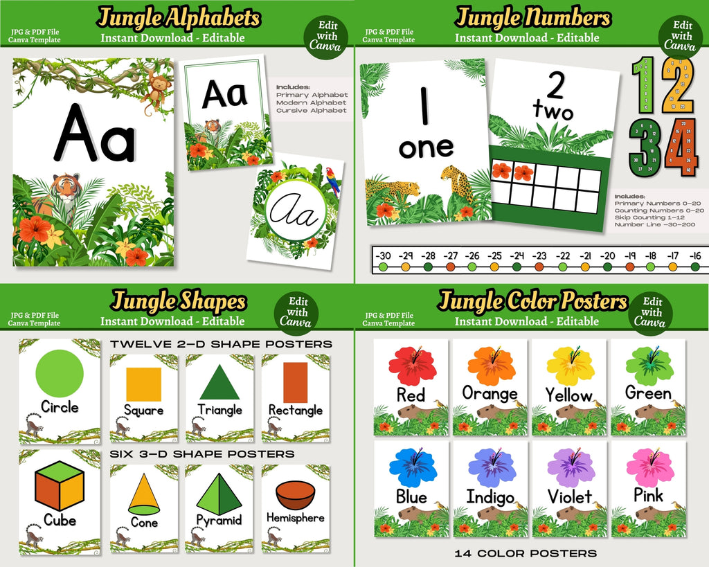 Jungle Animals Classroom Decor Bundle Theme: Printable Editable Canva Templates, Digital Download