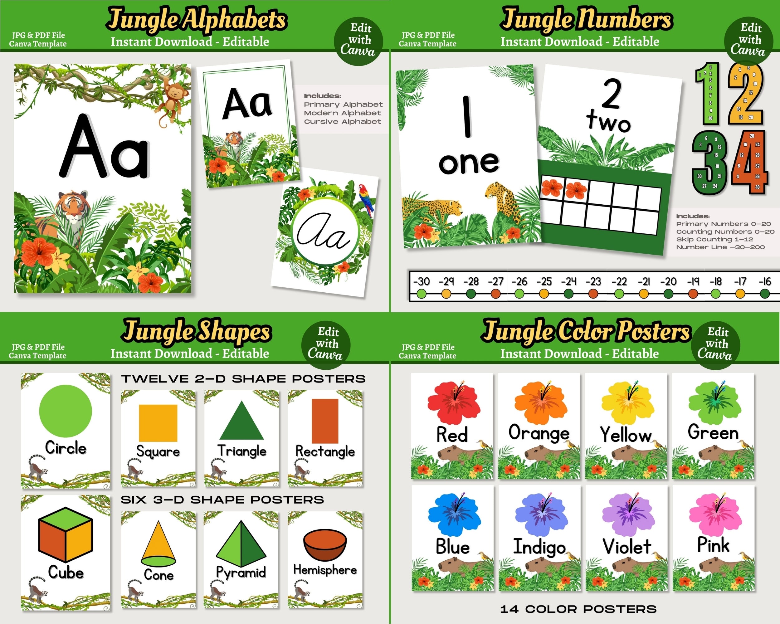 Jungle Animals Classroom Decor Bundle Theme: Printable Editable Canva Templates, Digital Download