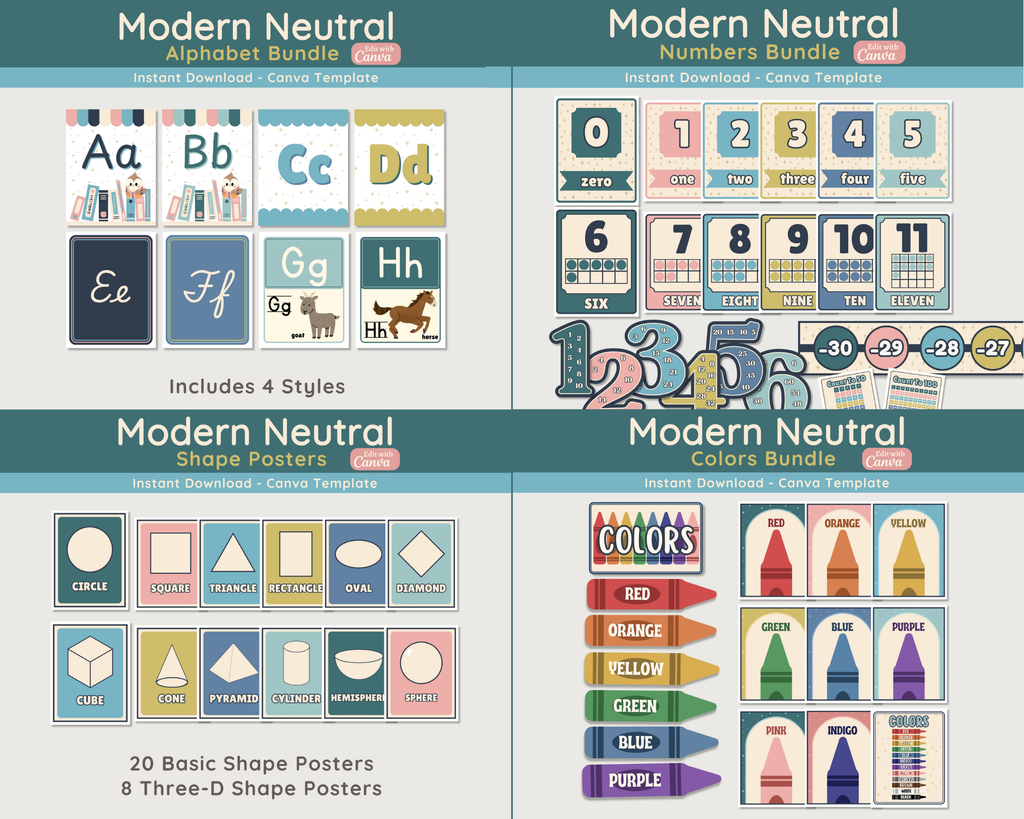 Neutral Simplistic Classroom Decor Bundle: Modern Printable Collection (Canva Template)