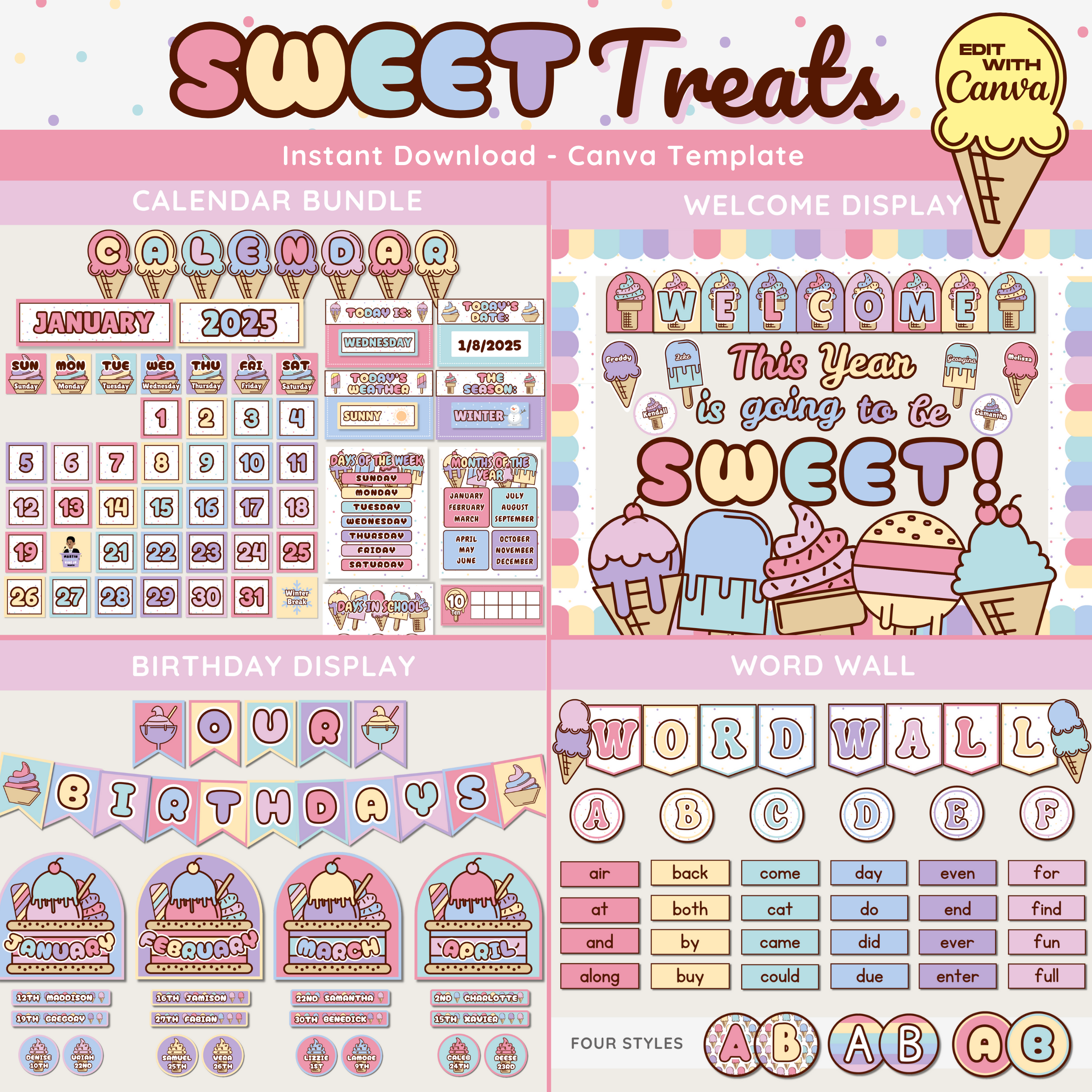 Sweet Treats Classroom Decor Bundle, Ice Cream Theme Teacher Decorations, Pastel Classroom Posters & Decor, Bulletin Board Display Kits