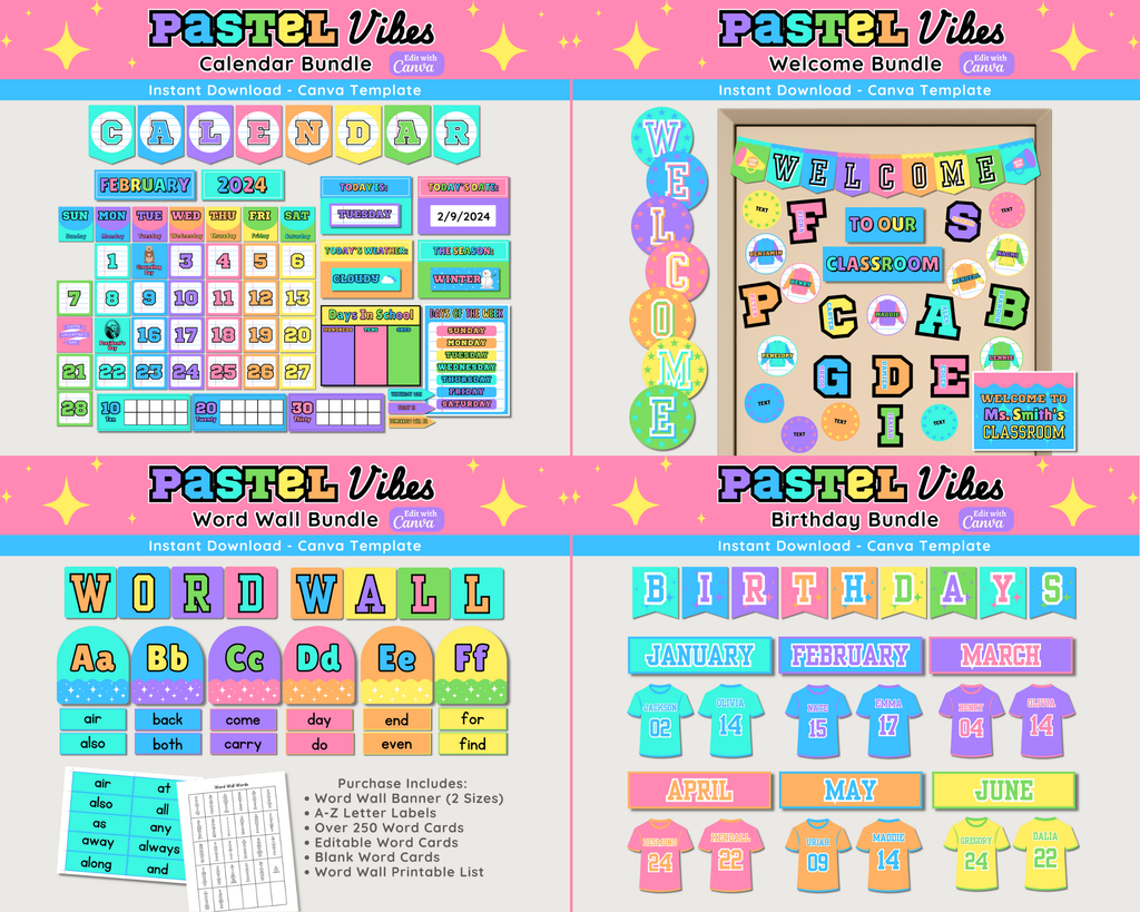 Pastel Happy Sports Classroom Decor Bundle Theme: Editable Printable Displays & Teacher Organizational Materials (Canva Digital Download)