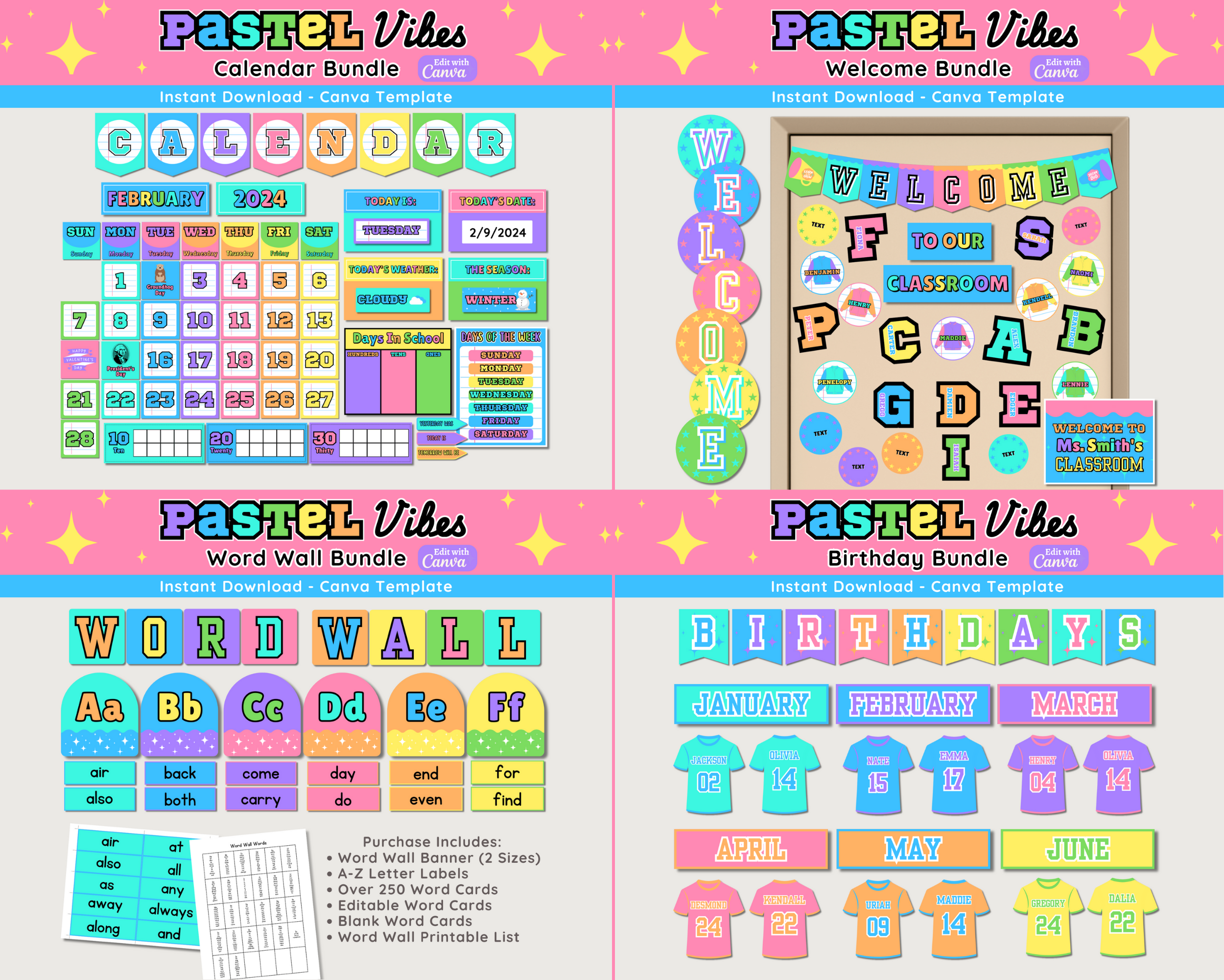 Pastel Happy Sports Classroom Decor Bundle Theme: Editable Printable Displays & Teacher Organizational Materials (Canva Digital Download)