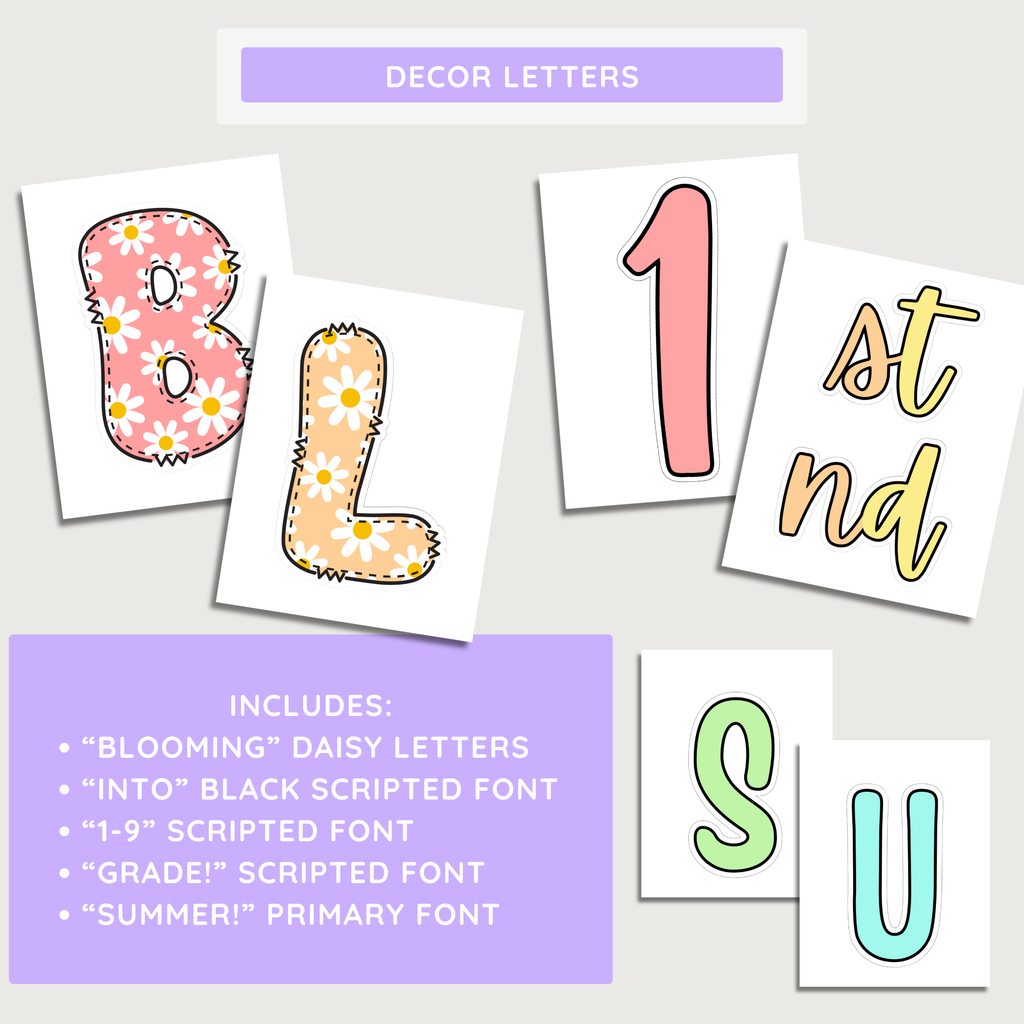 Blooming Daisy Pastel Summer Bulletin Board, Back To School Display Kit, Printable PDF, Canva Template
