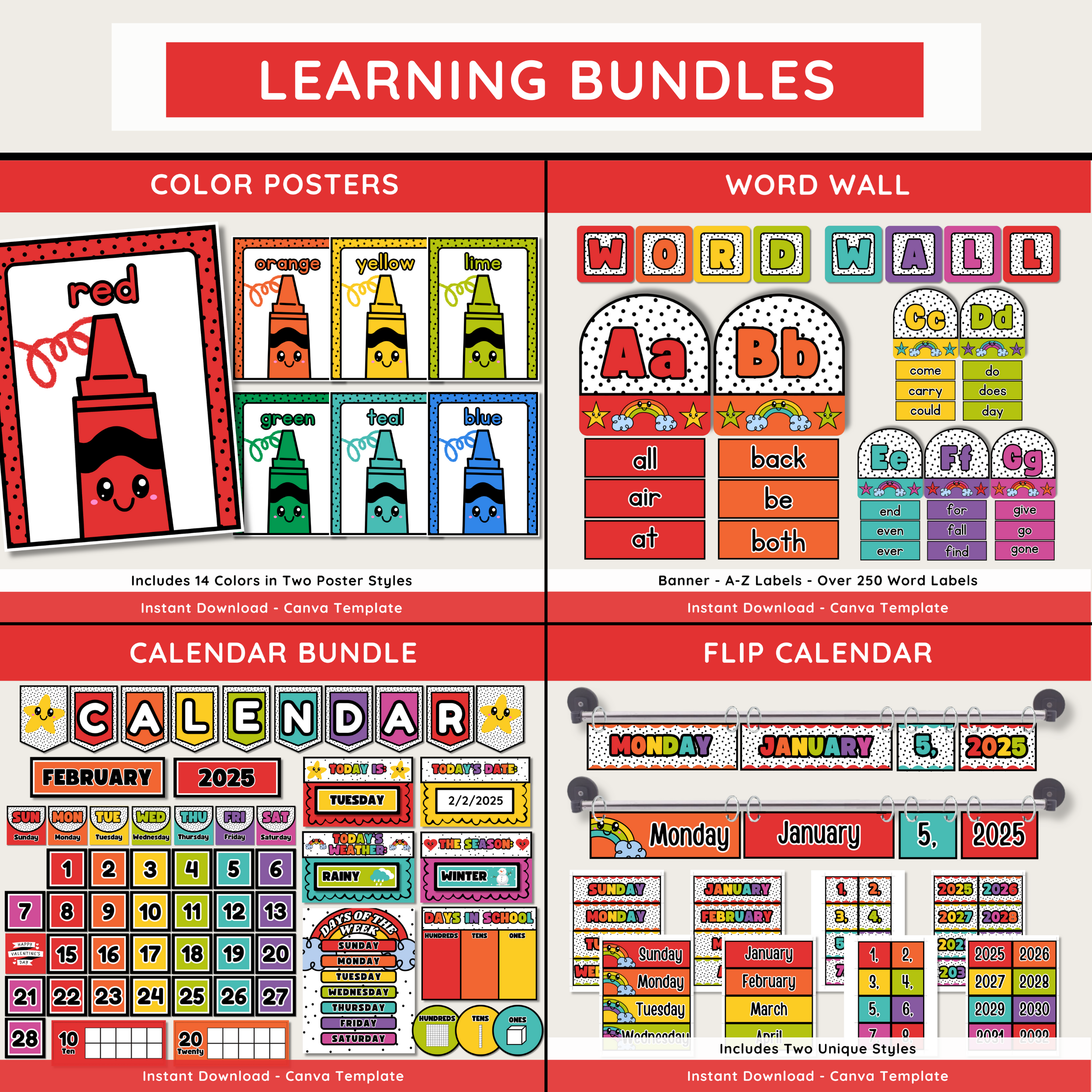 Bold Happy Rainbow Classroom Decor Bundle: Editable Printable Posters (Canva Template Digital Download), Happy Brights Teacher Decor Theme