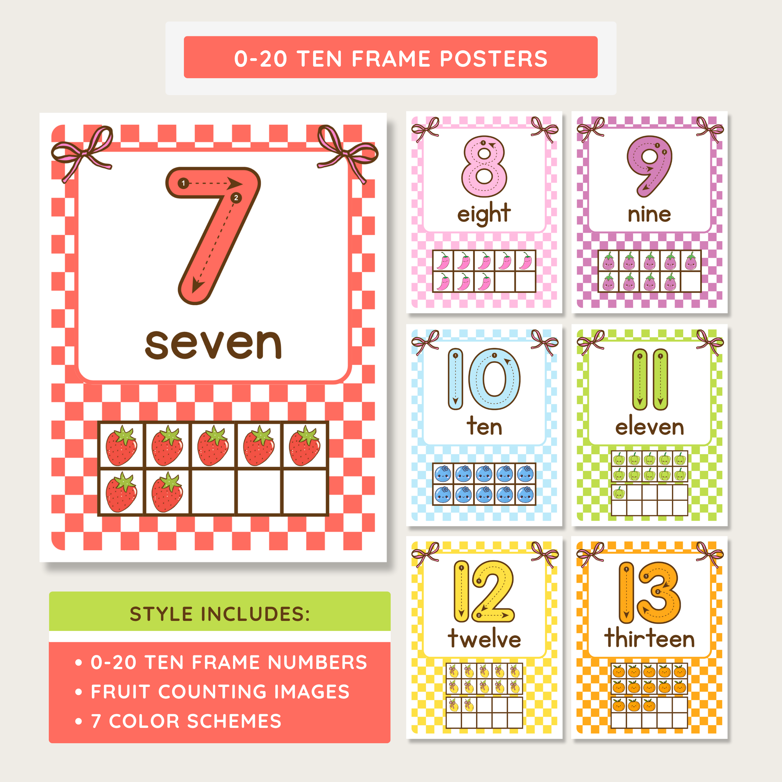 Printable Number Posters: Ten Frame, Skip Counting, Number Line, Farmer's Market Theme, Editable Canva Template