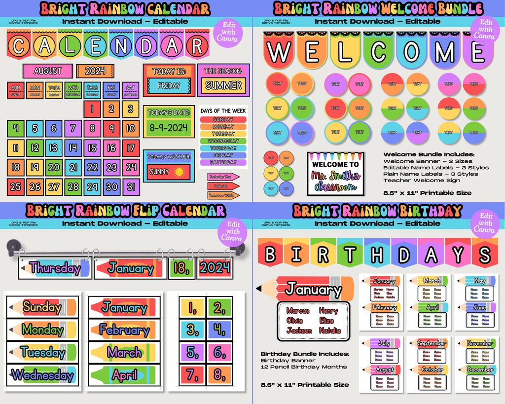 Bright Rainbow Classroom Decor Bundle: Editable Teacher Printables, School Supplies Decor Theme, Printable School Decorations, Canva Template