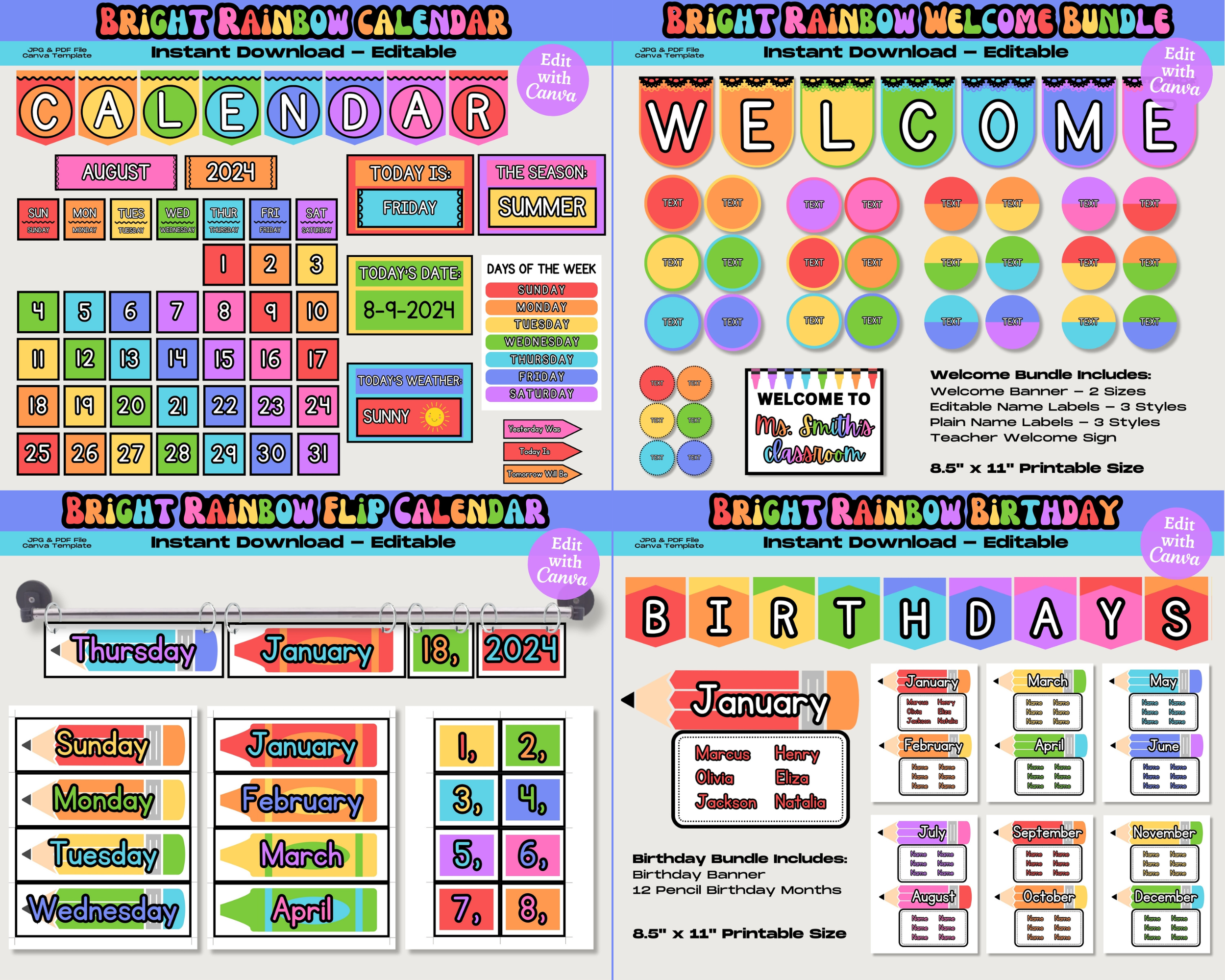 Bright Rainbow Classroom Decor Bundle: Editable Teacher Printables, School Supplies Decor Theme, Printable School Decorations, Canva Template