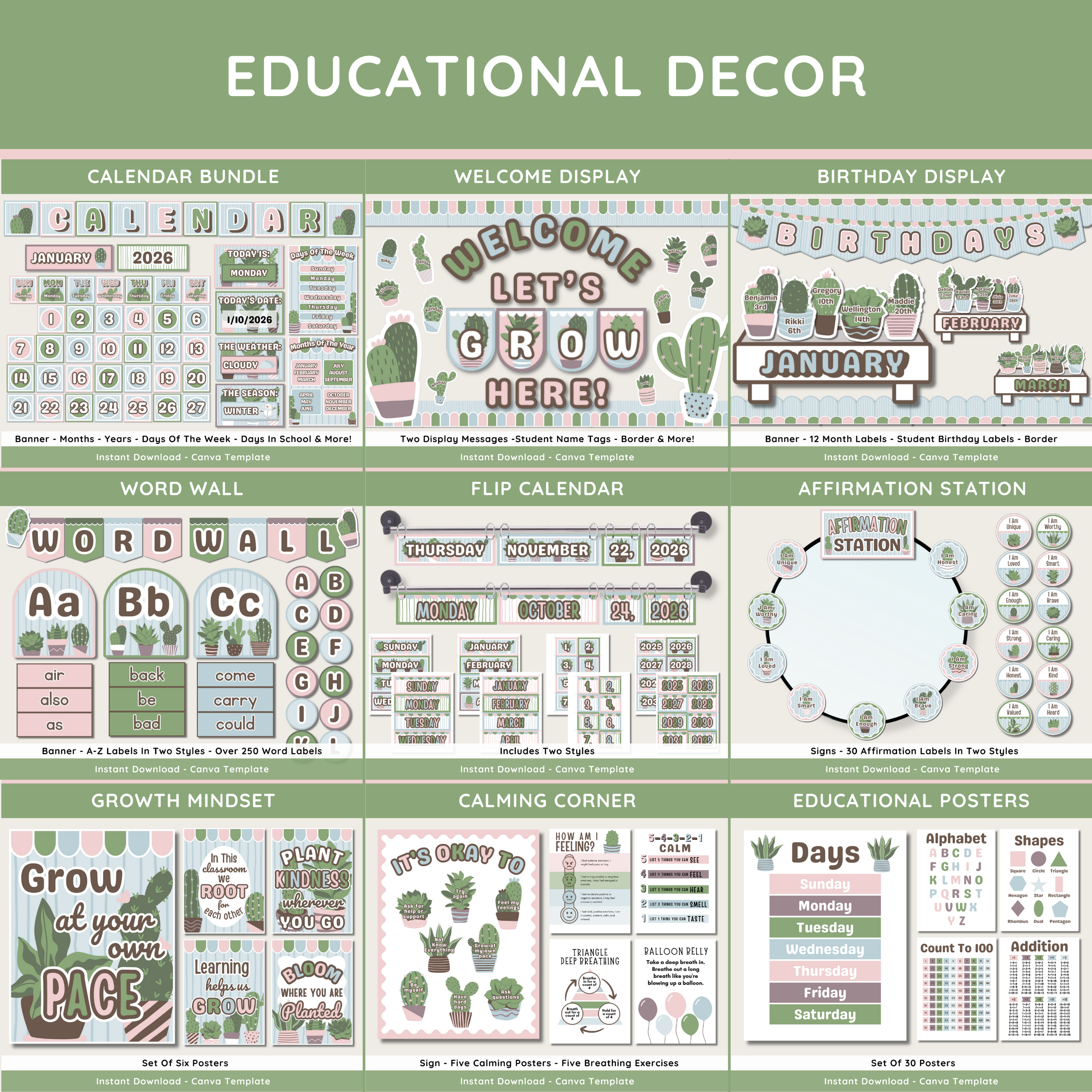 Cottage Succulents Classroom Decor Bundle: Calm Cactus Teacher Decor Theme, Editable Canva Template, Printable Digital Download