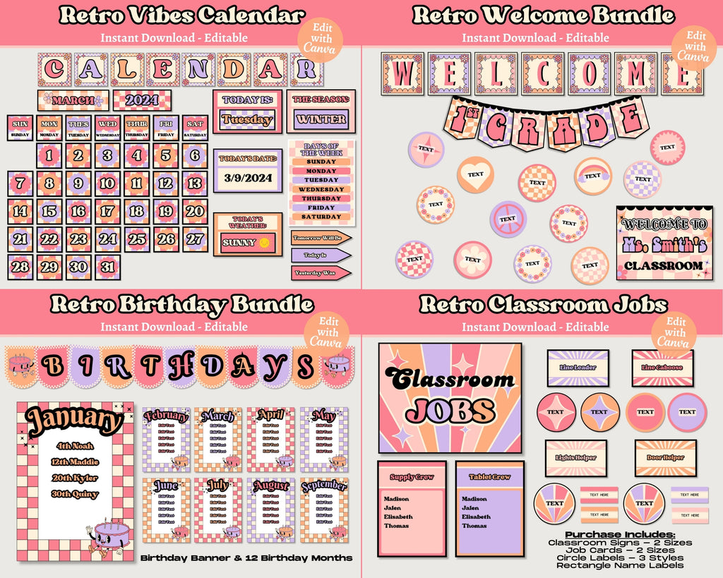 Retro Vibes Classroom Decor Bundle: Editable Teacher Templates (Canva), Pink Purple Orange Classroom Theme
