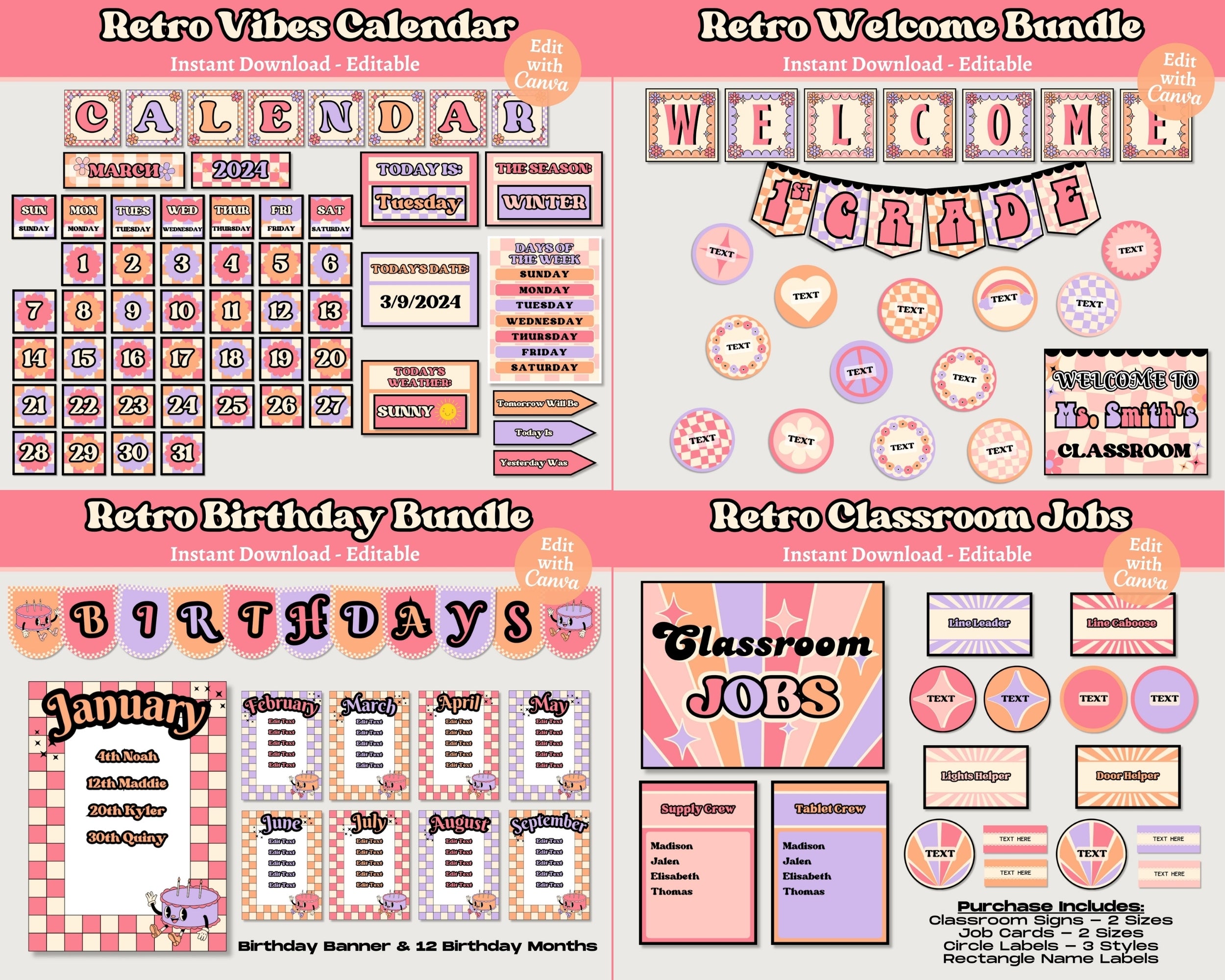 Retro Vibes Classroom Decor Bundle: Editable Teacher Templates (Canva), Pink Purple Orange Classroom Theme