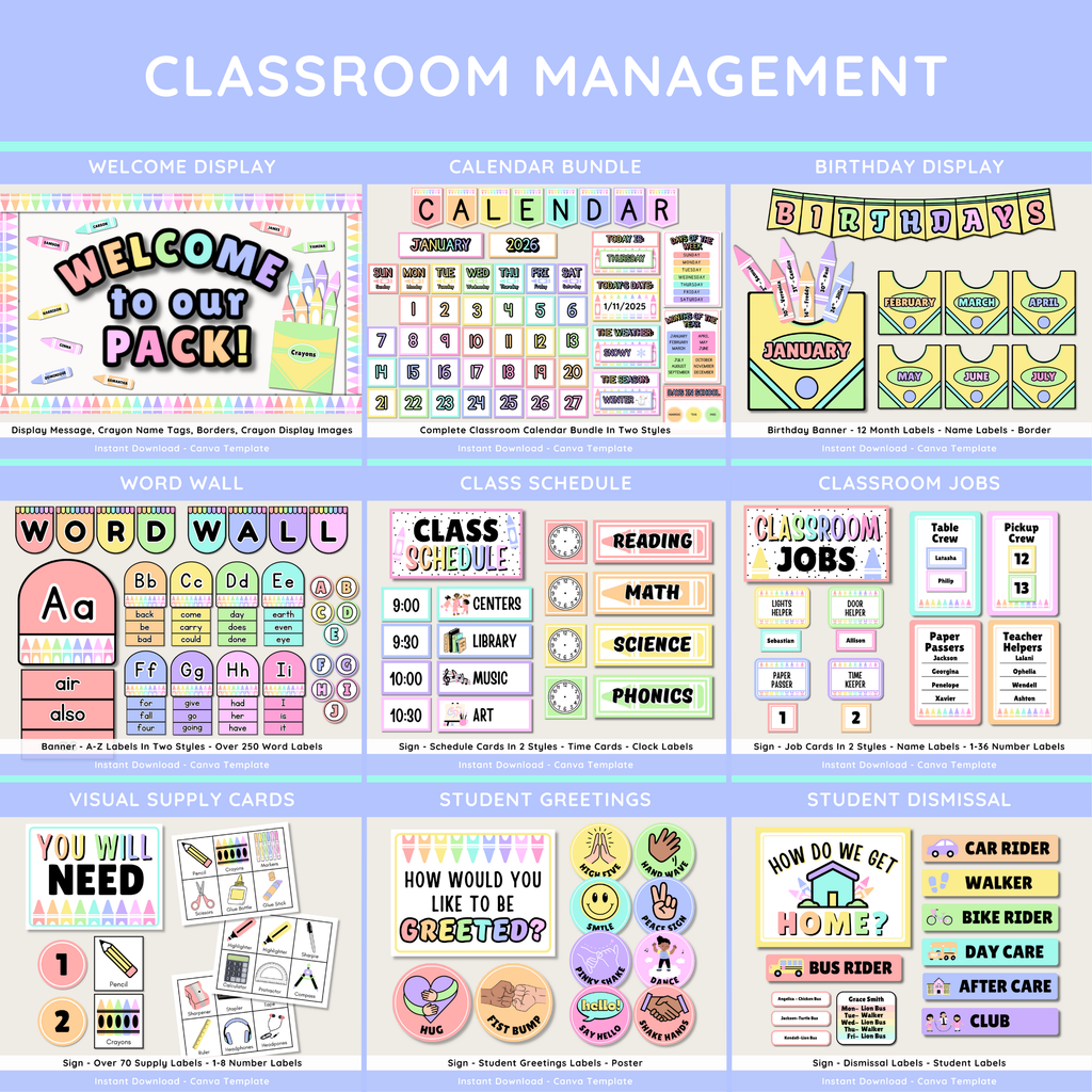Pastel Rainbow Crayon Classroom Decor Kit: Editable Teacher Theme (Canva Template Digital Download), Printable Teacher Decor