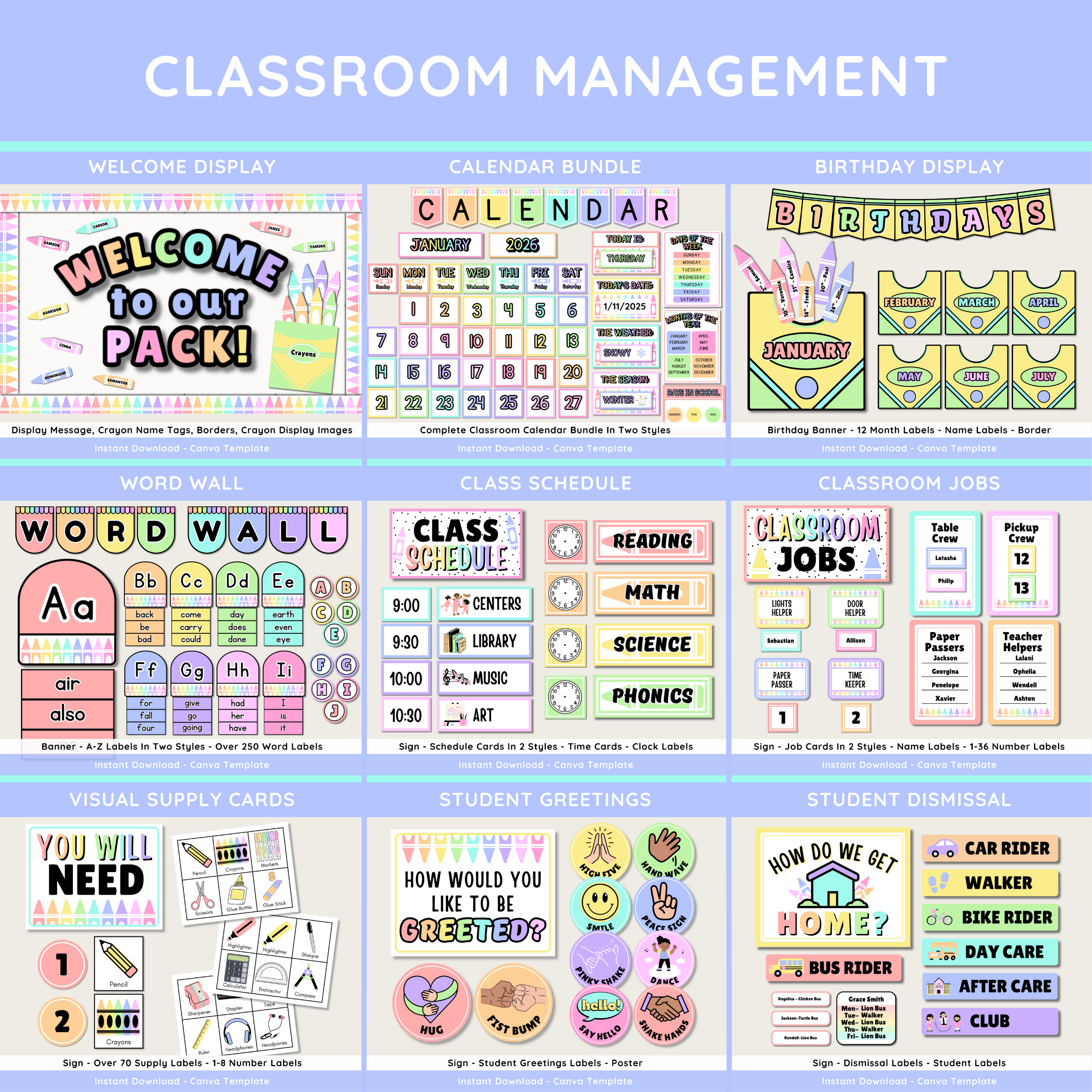 Pastel Rainbow Crayon Classroom Decor Kit: Editable Teacher Theme (Canva Template Digital Download), Printable Teacher Decor