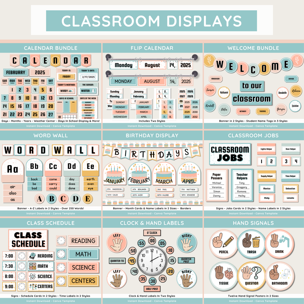 Calm Modern Classroom Decor Bundle: Simple Pastel Teacher Theme (Canva Template)