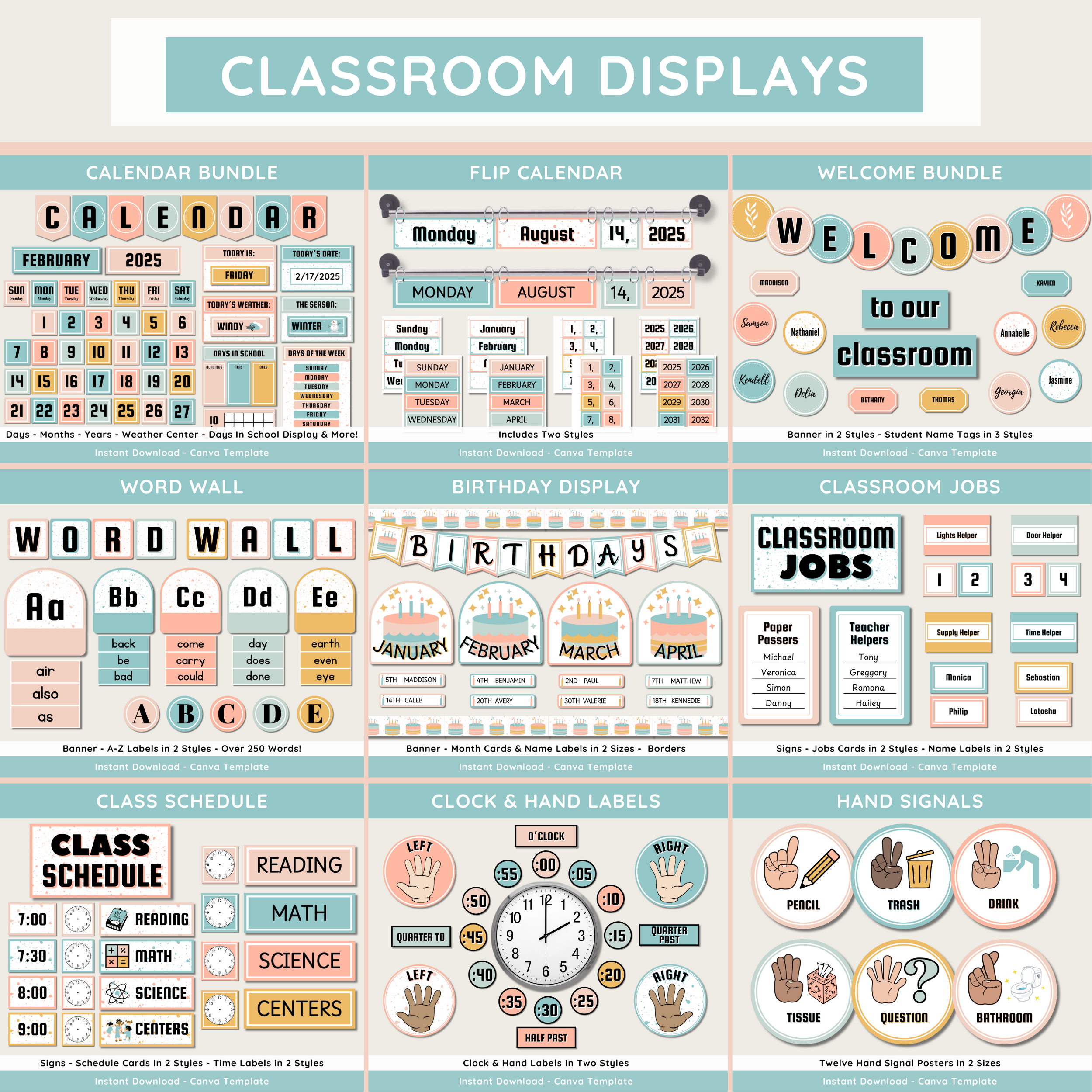 Calm Modern Classroom Decor Bundle: Simple Pastel Teacher Theme (Canva Template)