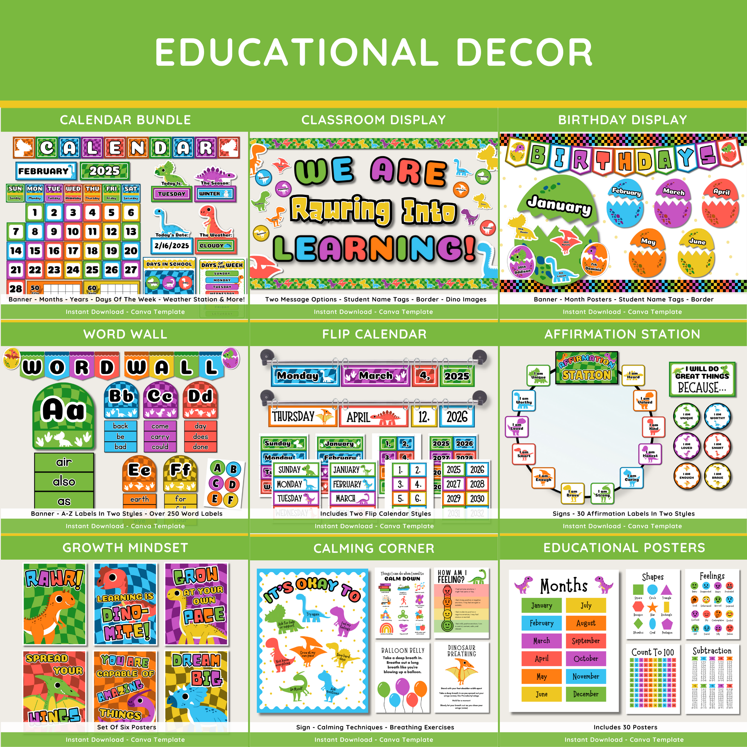 Dinosaur Classroom Decor Set: Editable Teacher Organization (Canva Template Digital Download), Bright Bold Dino Theme