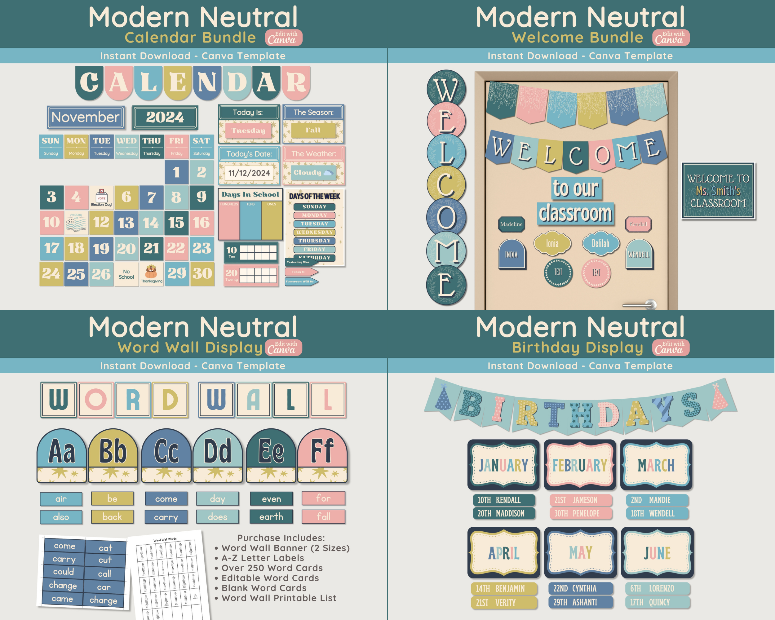 Neutral Simplistic Classroom Decor Bundle: Modern Printable Collection (Canva Template)