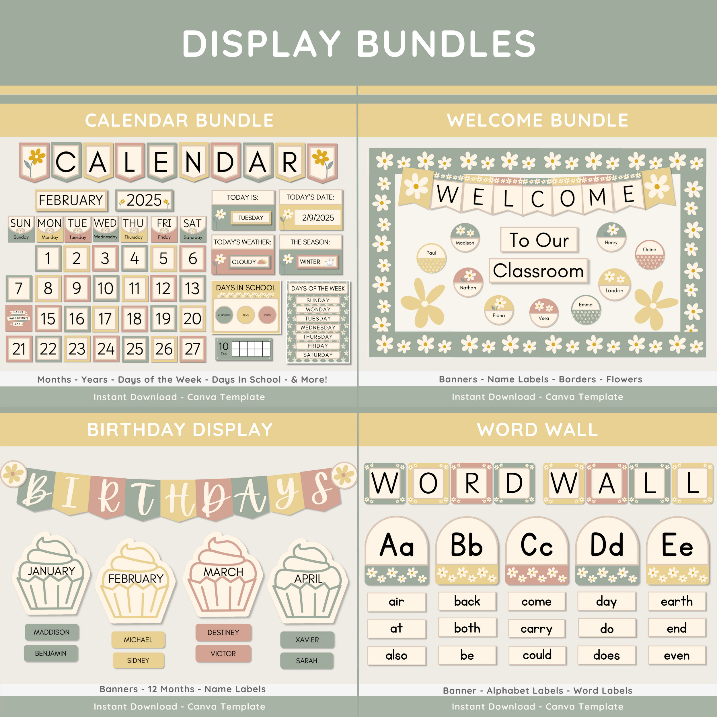 Calm Daisy Classroom Decor Bundle, Classroom Management and Organization Resources, Bulletin Board Display Kit, Neutral Daisy Flower Classroom Theme