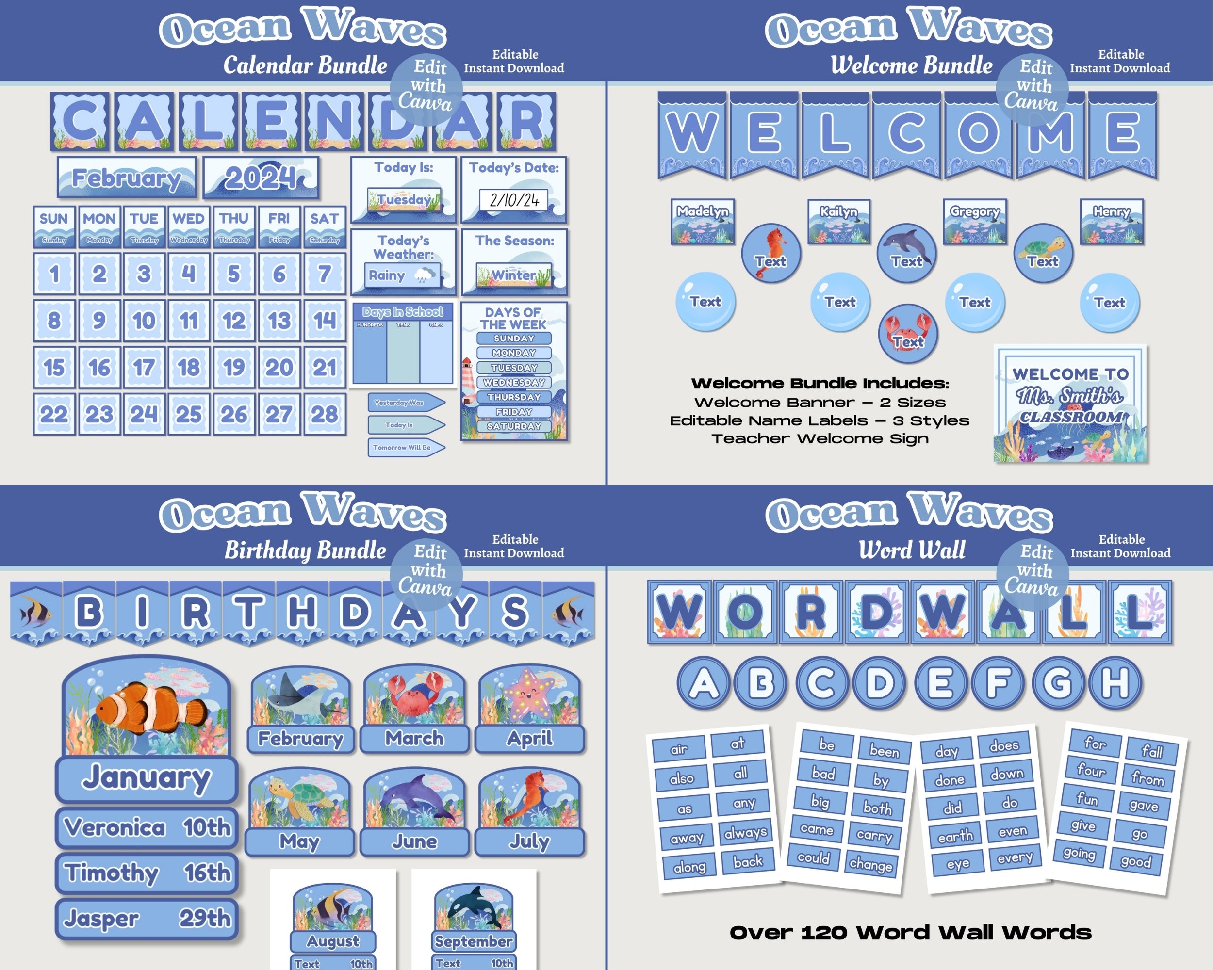 Ocean Theme Classroom Decor Bundle: Editable & Printable Educational Materials (Canva Template, Instant Download)