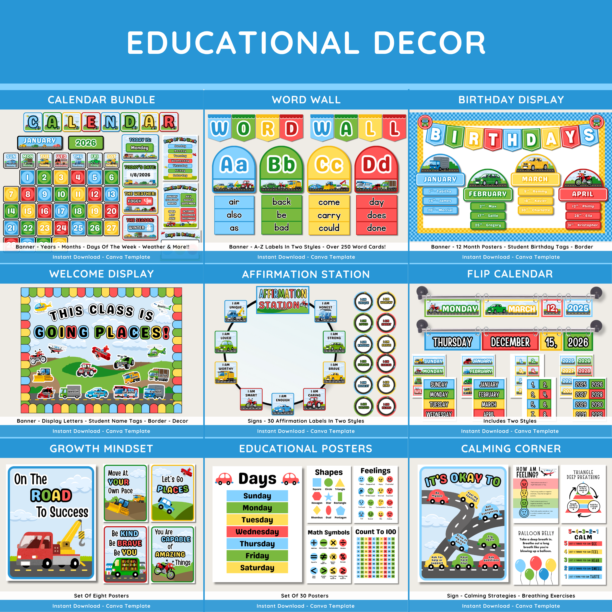 Transportation Classroom Decor Bundle: Vehicles Things That Go Display Theme, Editable Canva Template, Printable Digital Download