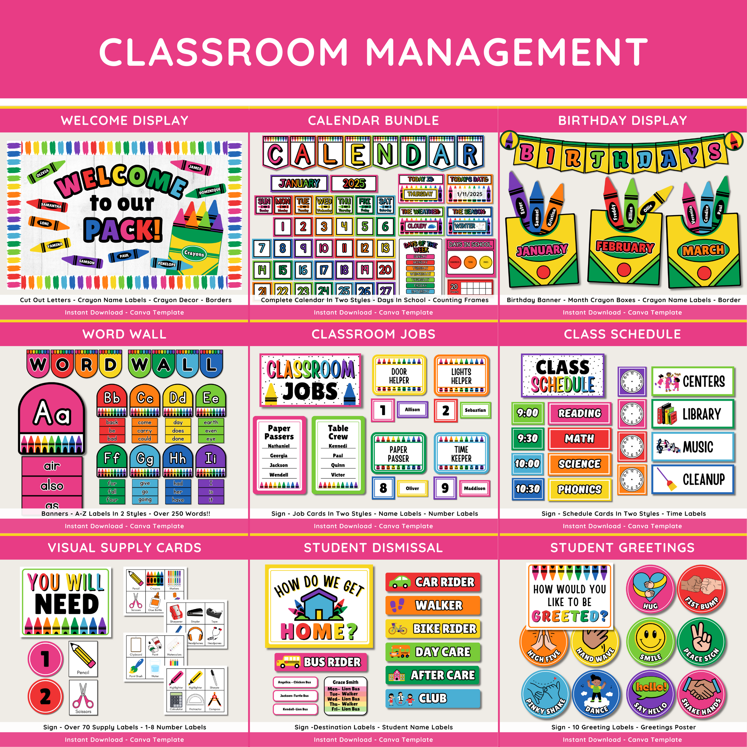 Rainbow Crayon Classroom Decor Bundle: Editable Teacher Templates (Canva, Instant Download), Bright Crayon Theme