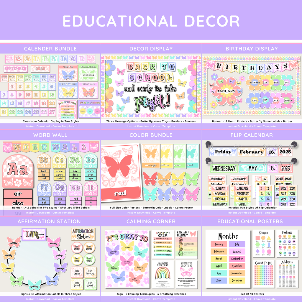 Butterfly Classroom Decor Bundle: Pastel Floral Butterfly Theme, Editable Canva Template, Printable Digital Download