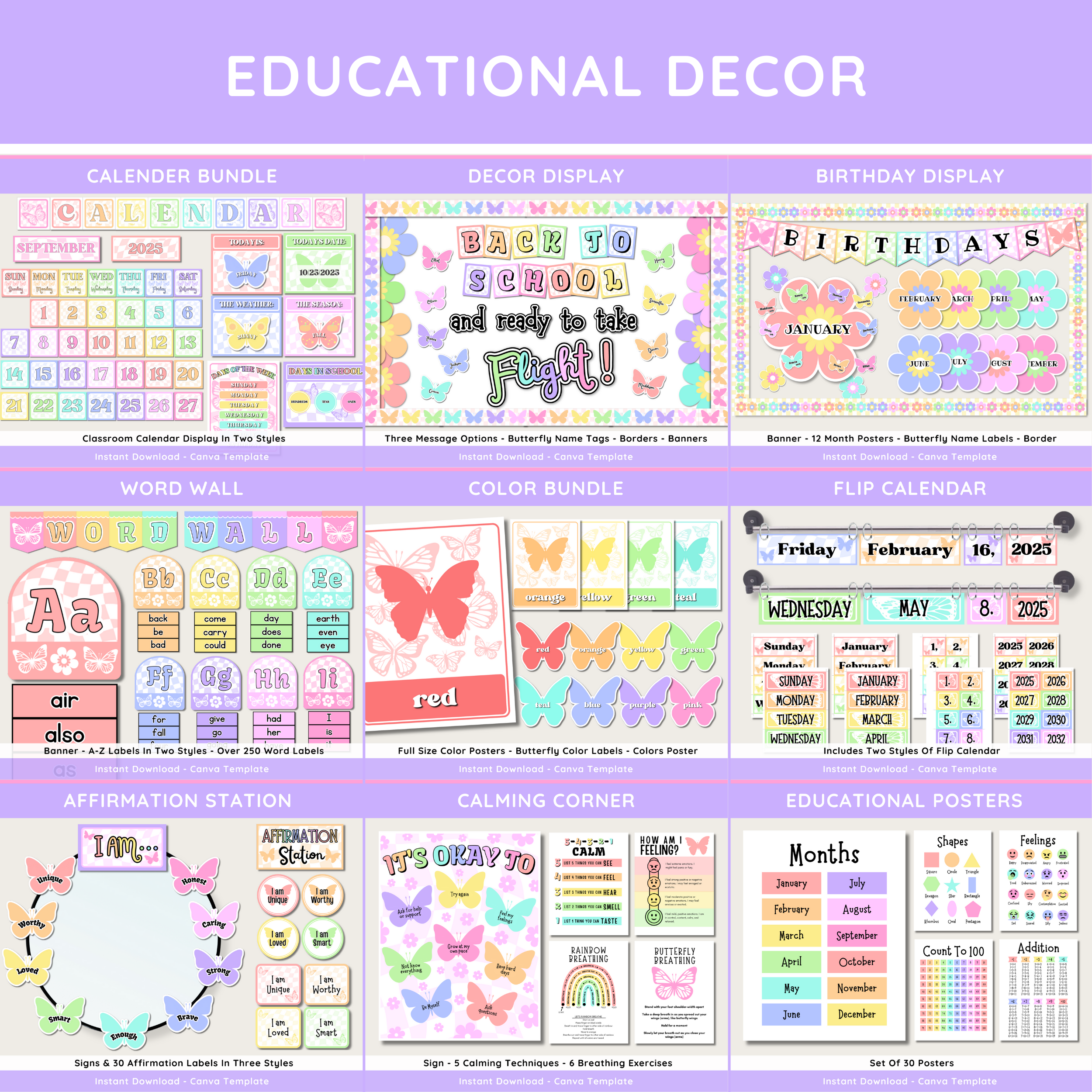 Butterfly Classroom Decor Bundle: Pastel Floral Butterfly Theme, Editable Canva Template, Printable Digital Download