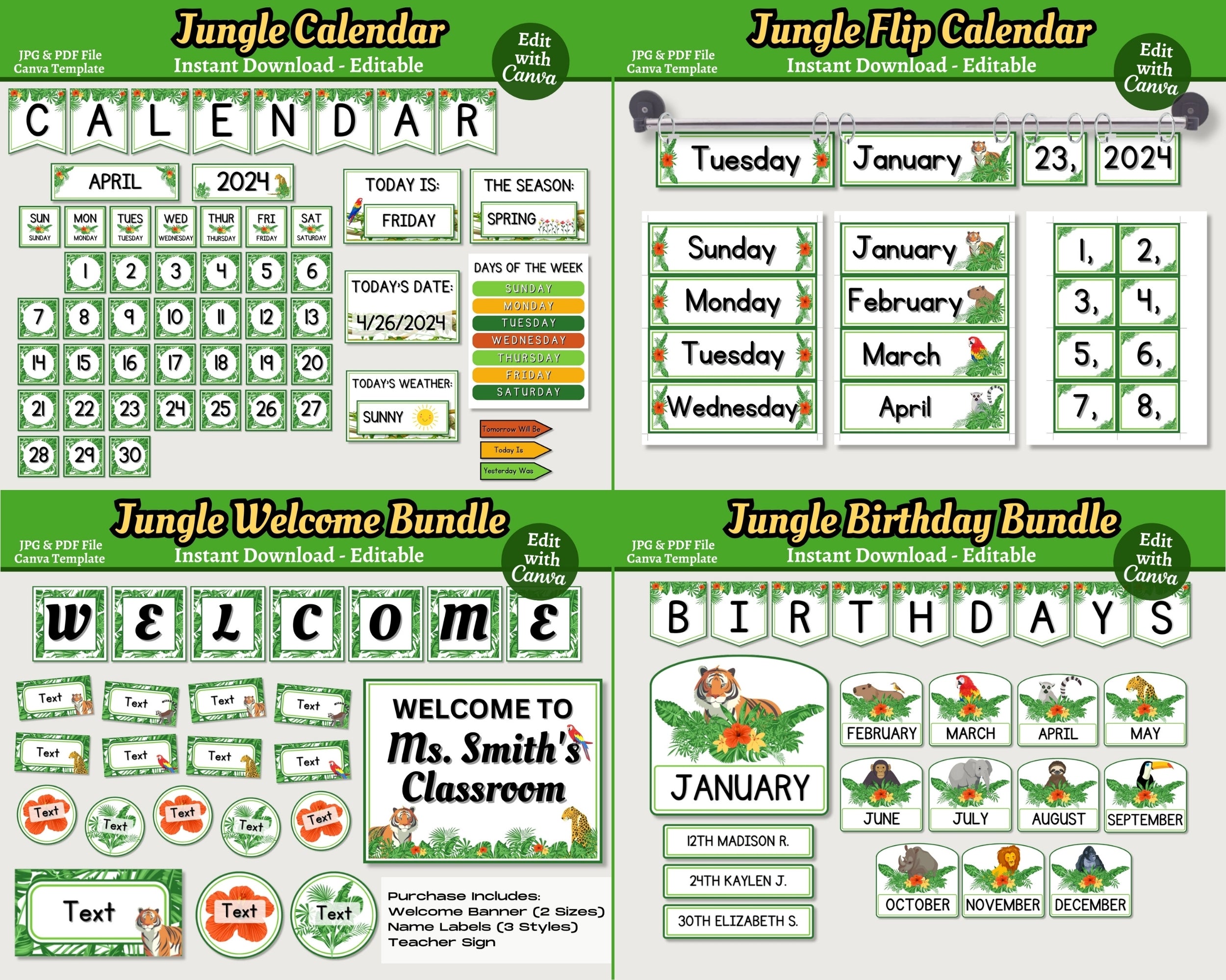 Jungle Animals Classroom Decor Bundle Theme: Printable Editable Canva Templates, Digital Download
