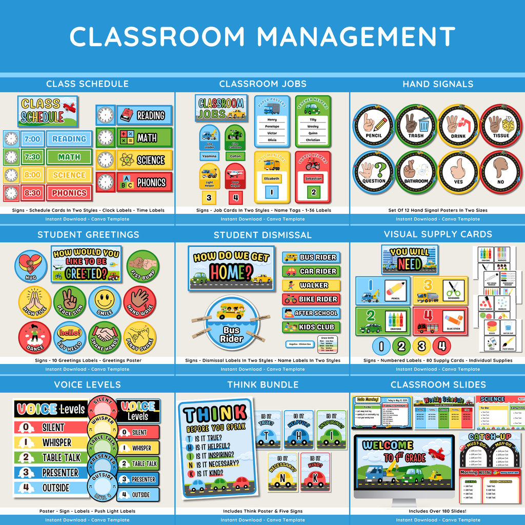 Transportation Classroom Decor Bundle: Vehicles Things That Go Display Theme, Editable Canva Template, Printable Digital Download