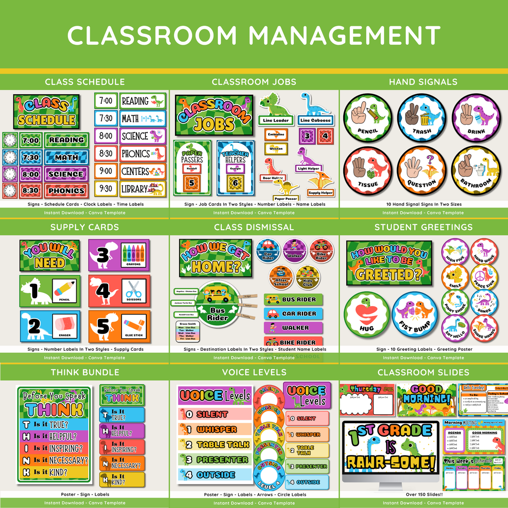 Dinosaur Classroom Decor Set: Editable Teacher Organization (Canva Template Digital Download), Bright Bold Dino Theme